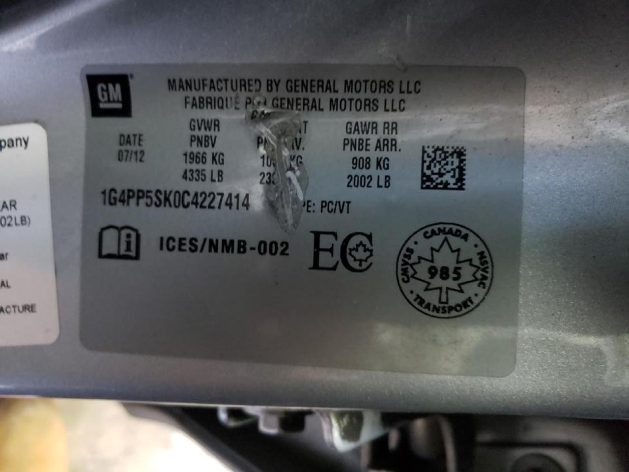 Photo 10 from auction – 2012 BUICK VERANO with VIN 1G4PP5SK0C4227414