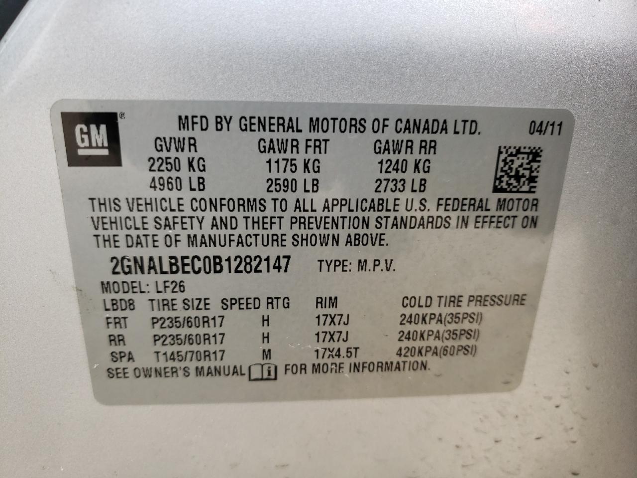 Photo 10 from auction – 2011 CHEVROLET EQUINOX LS with VIN 2GNALBEC0B1282147