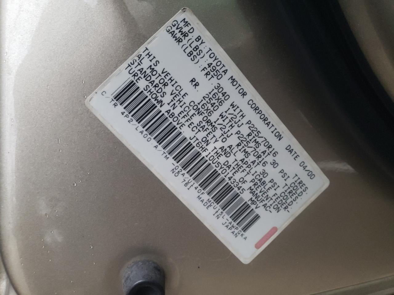 Foto 10 de la subasta – 2000 LEXUS RX 300 con VIN JT6HF10U5Y0143345