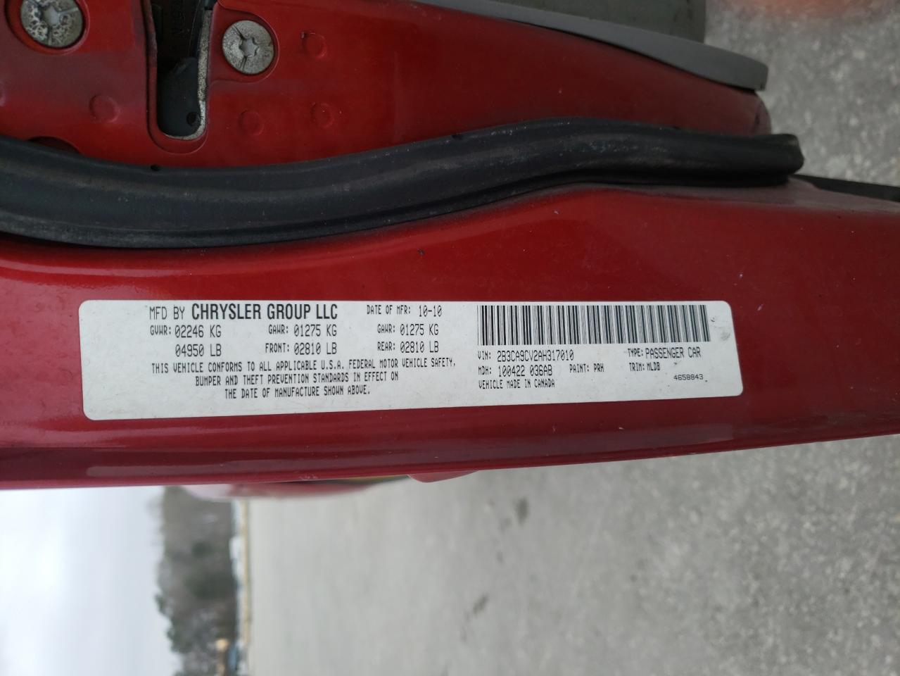 Photo 10 from auction – 2010 DODGE CHARGER RA with VIN 2B3CA9CV2AH317010