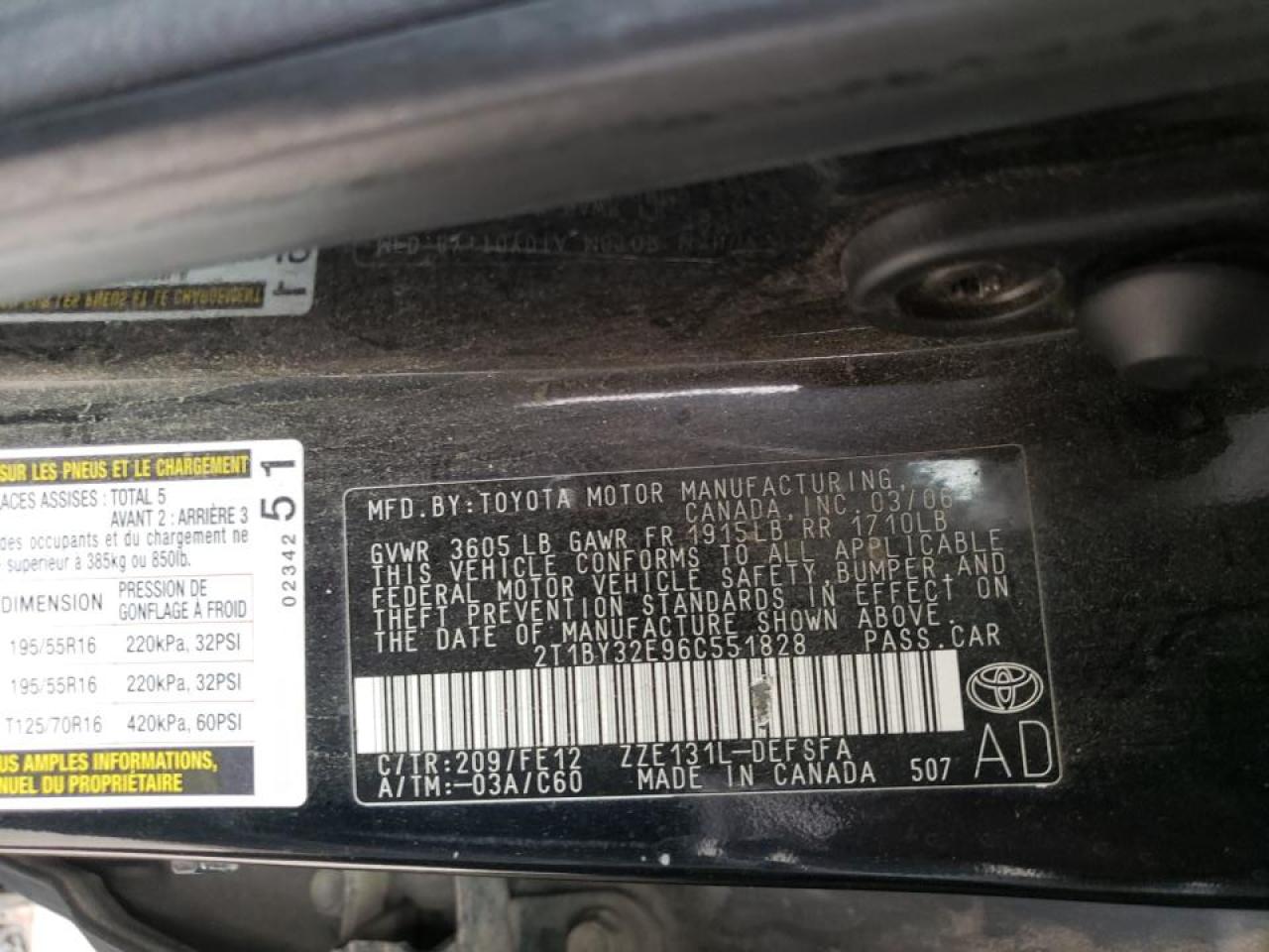 Photo 10 from auction – 2006 TOYOTA COROLLA XR with VIN 2T1BY32E96C551828