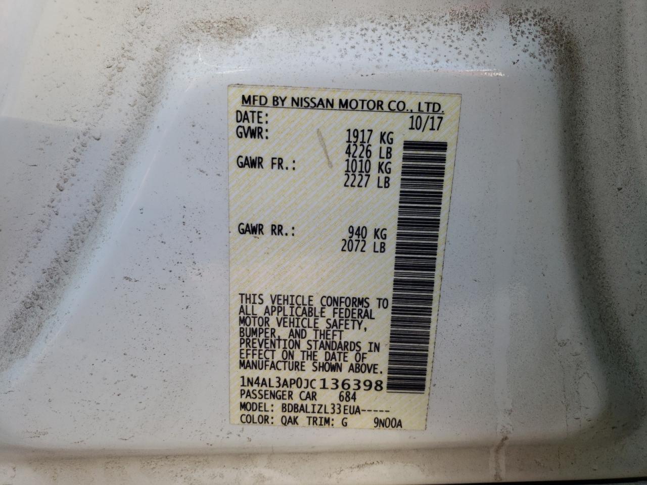 Photo 10 from auction – 2018 NISSAN ALTIMA 2.5 with VIN 1N4AL3AP0JC136398
