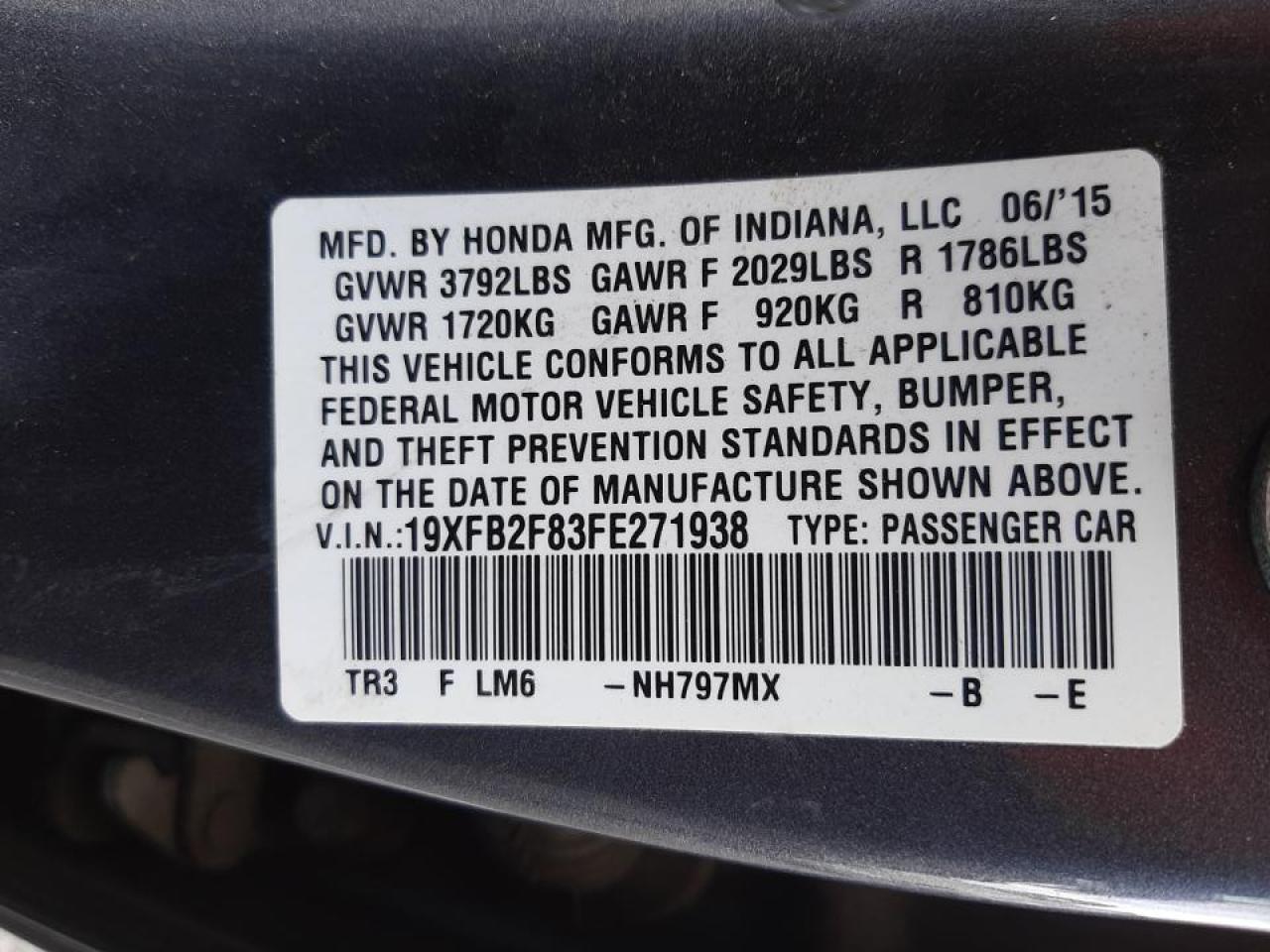 Photo 10 from auction – 2015 HONDA CIVIC EX with VIN 19XFB2F83FE271938