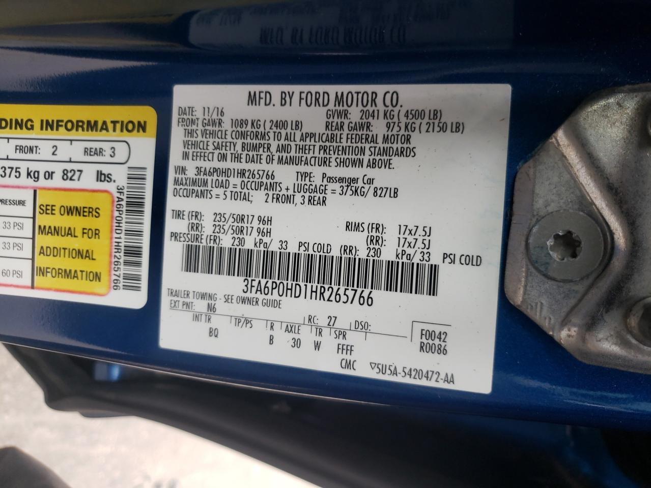 Photo 10 from auction – 2017 FORD FUSION SE with VIN 3FA6P0HD1HR265766