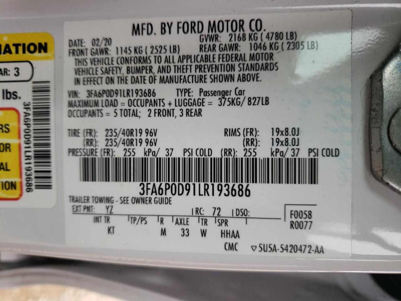 Photo 10 from auction – 2020 FORD FUSION TIT with VIN 3FA6P0D91LR193686