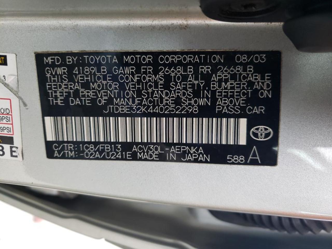 Photo 10 from auction – 2004 TOYOTA CAMRY LE with VIN JTDBE32K440252298
