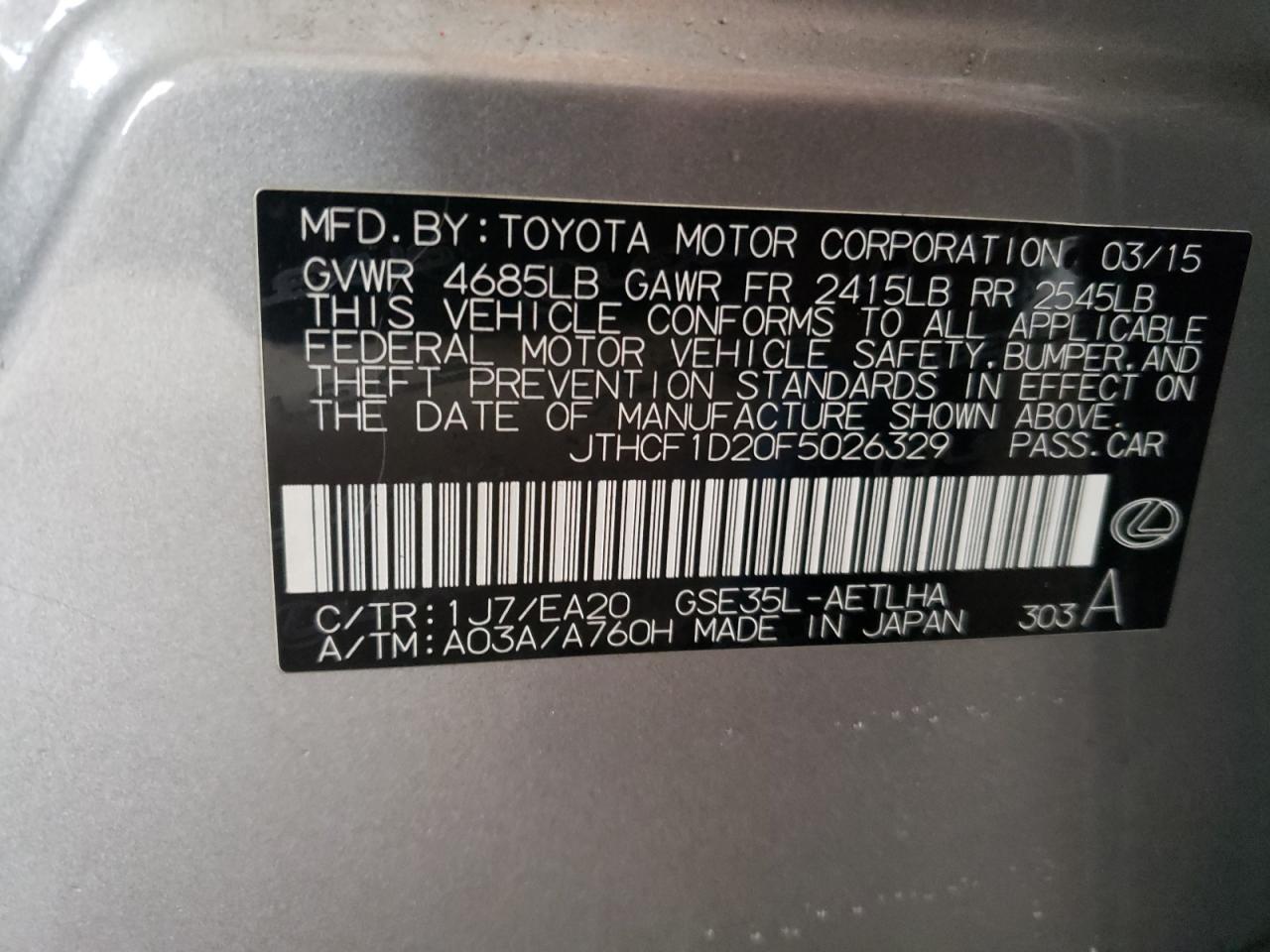 Photo 10 from auction – 2015 LEXUS IS 250 with VIN JTHCF1D20F5026329