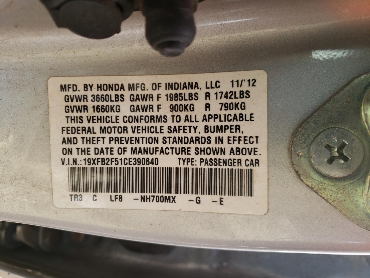 Photo 10 from auction – 2012 HONDA CIVIC LX with VIN 19XFB2F51CE390640