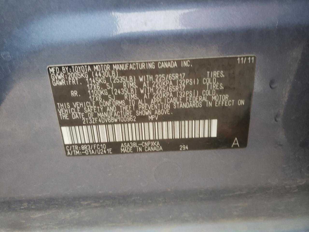 Photo 10 from auction – 2011 TOYOTA RAV4 with VIN 2T3ZF4DV6BW100962