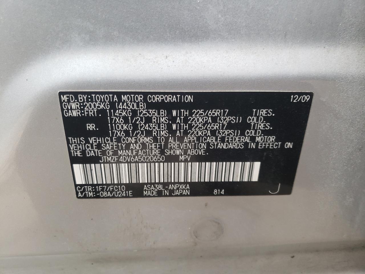 Photo 10 from auction – 2010 TOYOTA RAV4 with VIN JTMZF4DV6A5020650