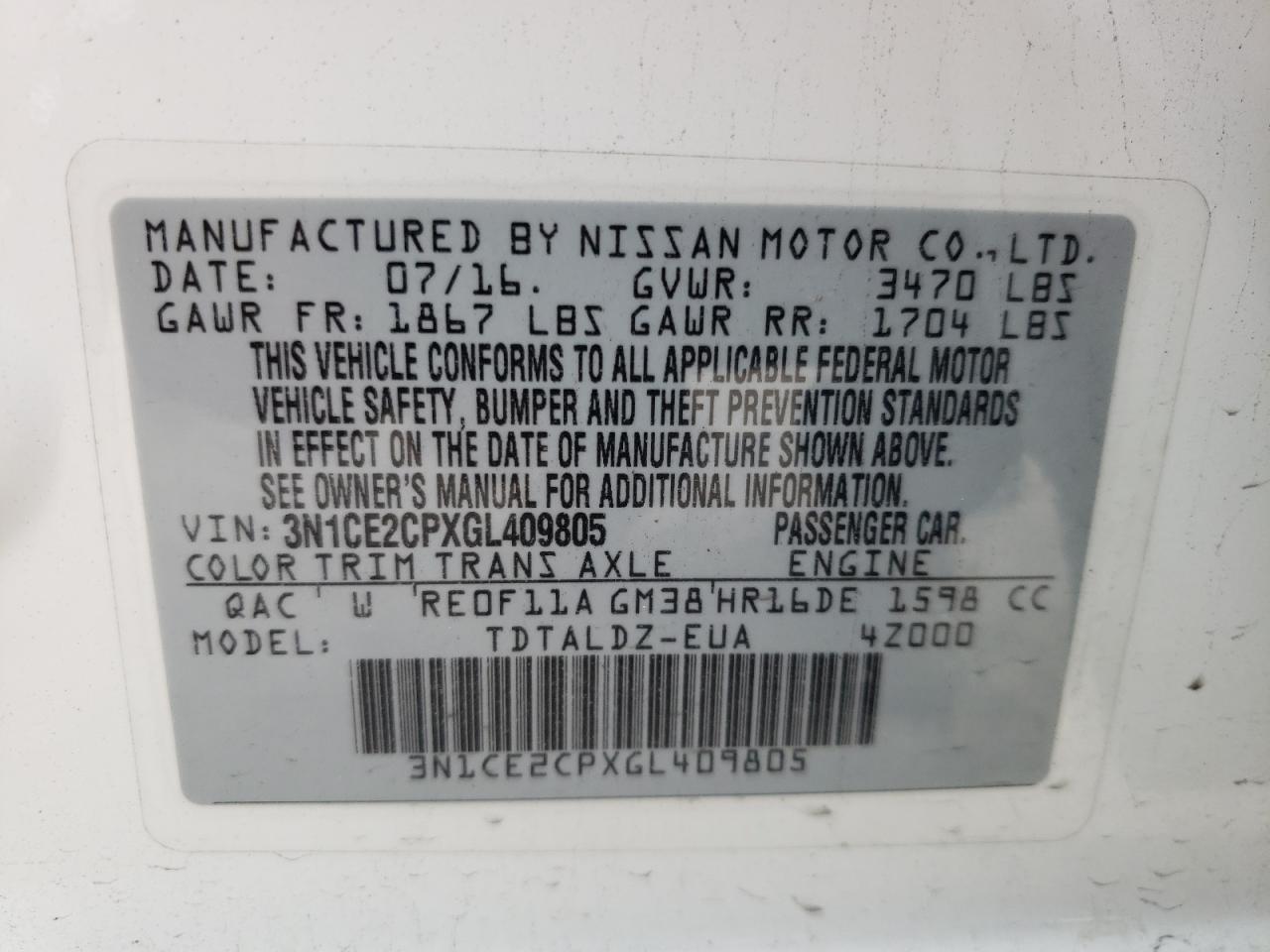 Photo 10 from auction – 2016 NISSAN VERSA NOTE with VIN 3N1CE2CPXGL409805
