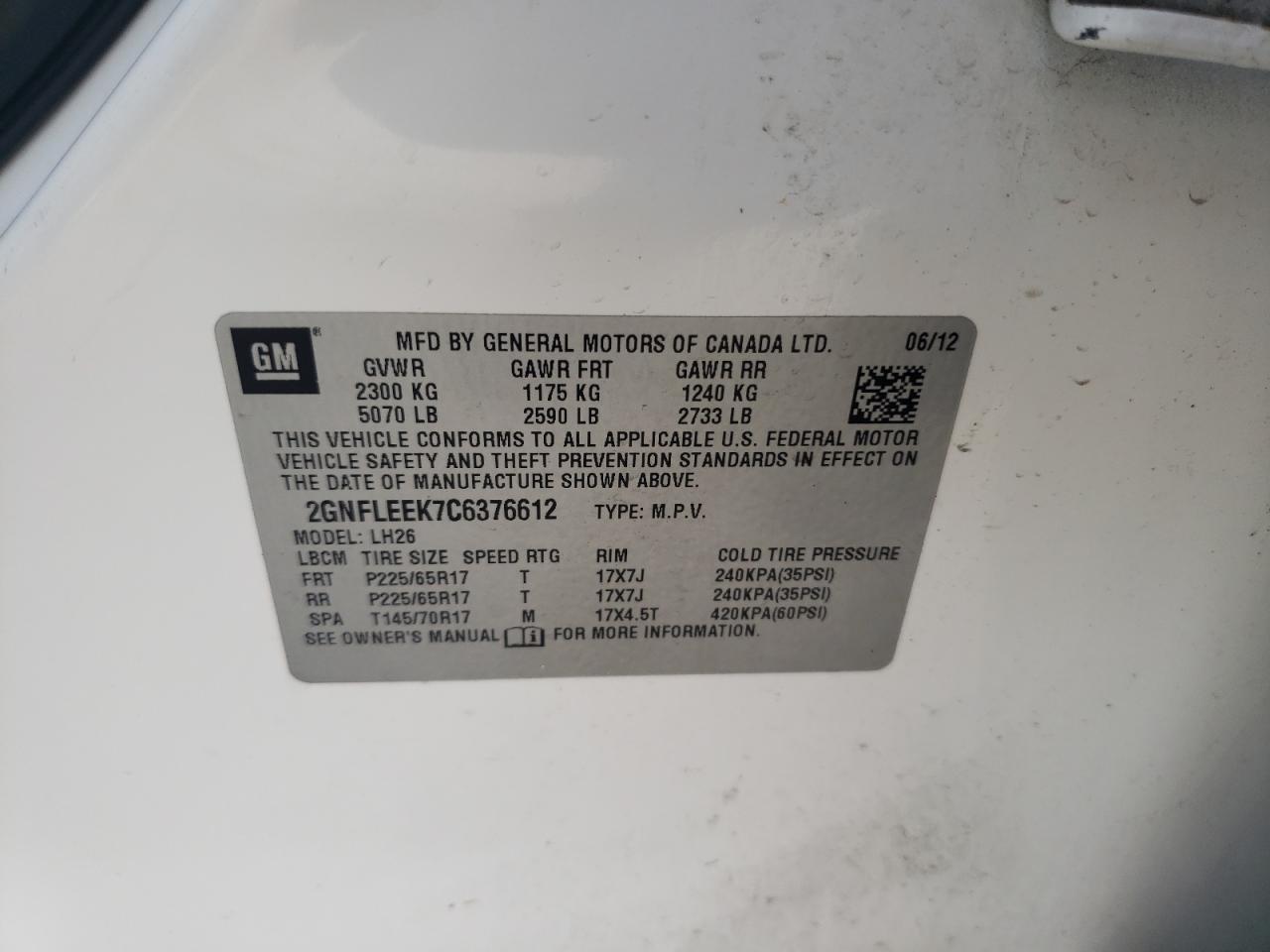 Photo 10 from auction – 2012 CHEVROLET EQUINOX LT with VIN 2GNFLEEK7C6376612