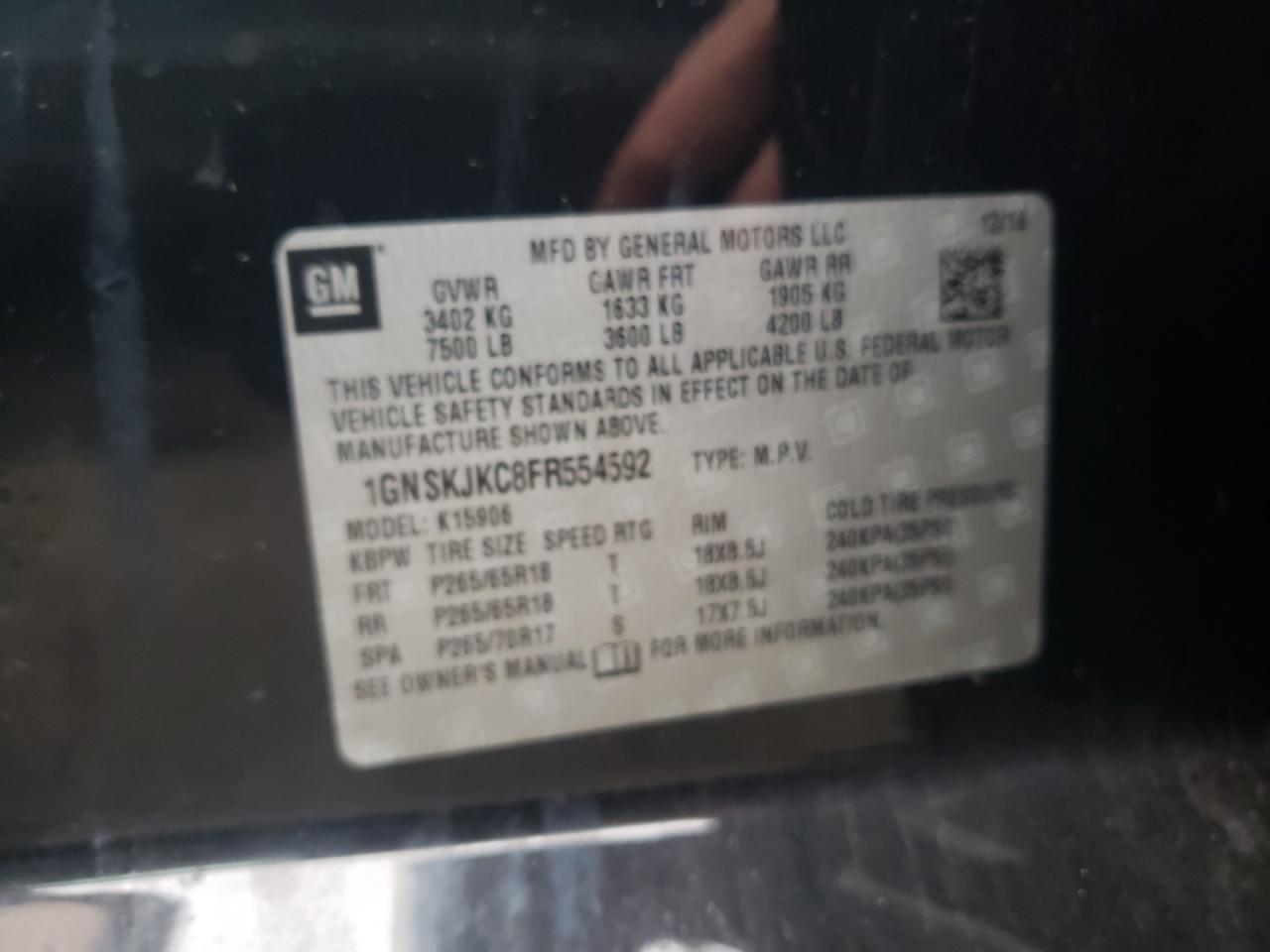 Photo 10 from auction – 2015 CHEVROLET SUBURBAN K with VIN 1GNSKJKC8FR554592
