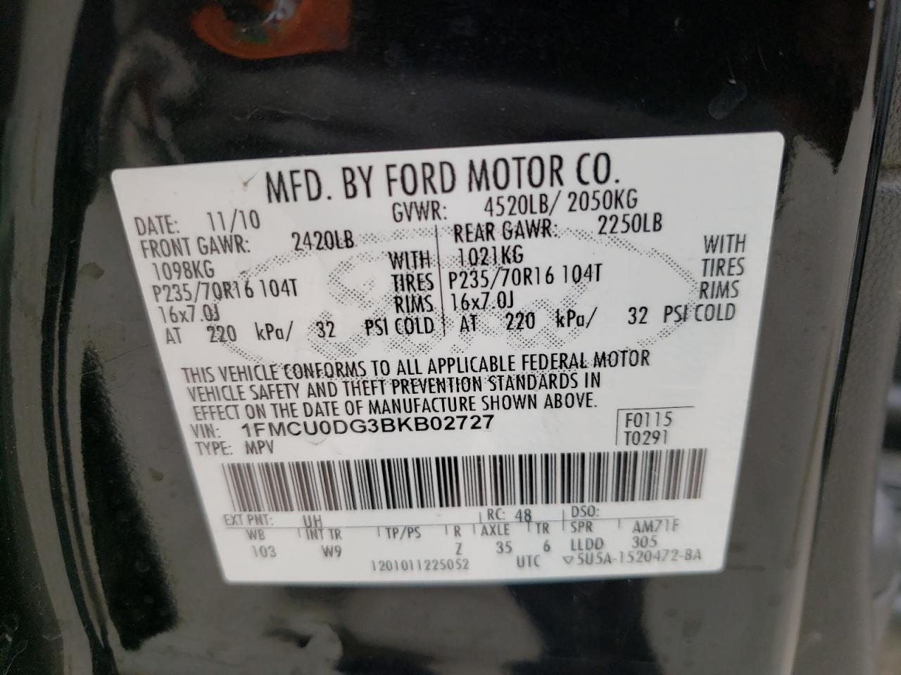 Photo 10 from auction – 2011 FORD ESCAPE XLT with VIN 1FMCU0DG3BKB02727