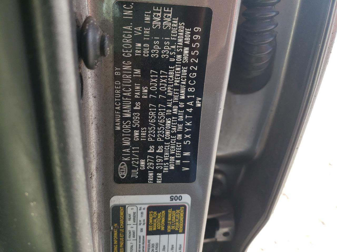 Photo 10 from auction – 2012 KIA SORENTO BA with VIN 5XYKT4A18CG225599