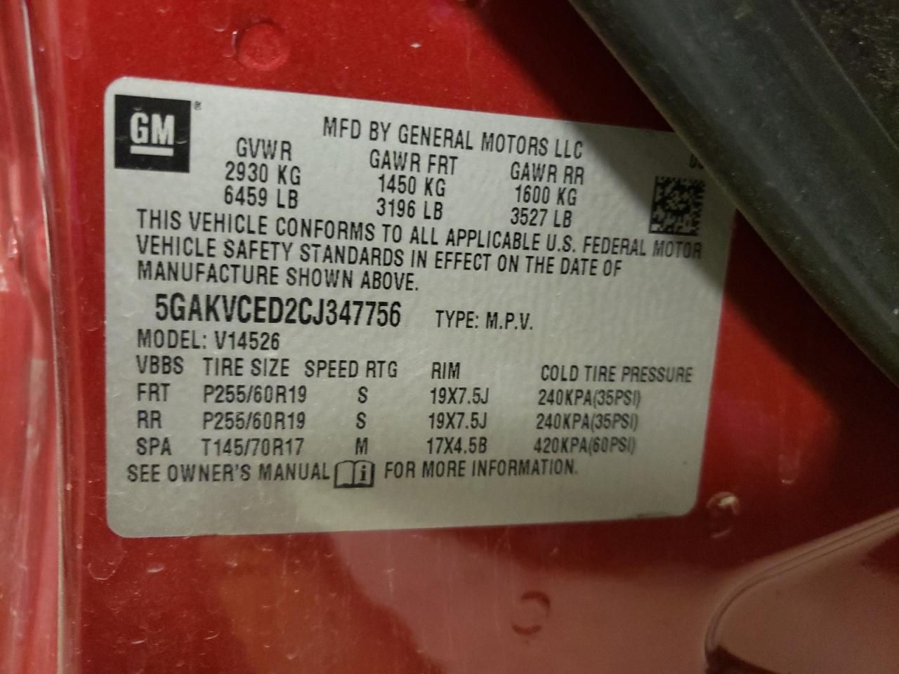 Photo 10 from auction – 2012 BUICK ENCLAVE with VIN 5GAKVCED2CJ347756