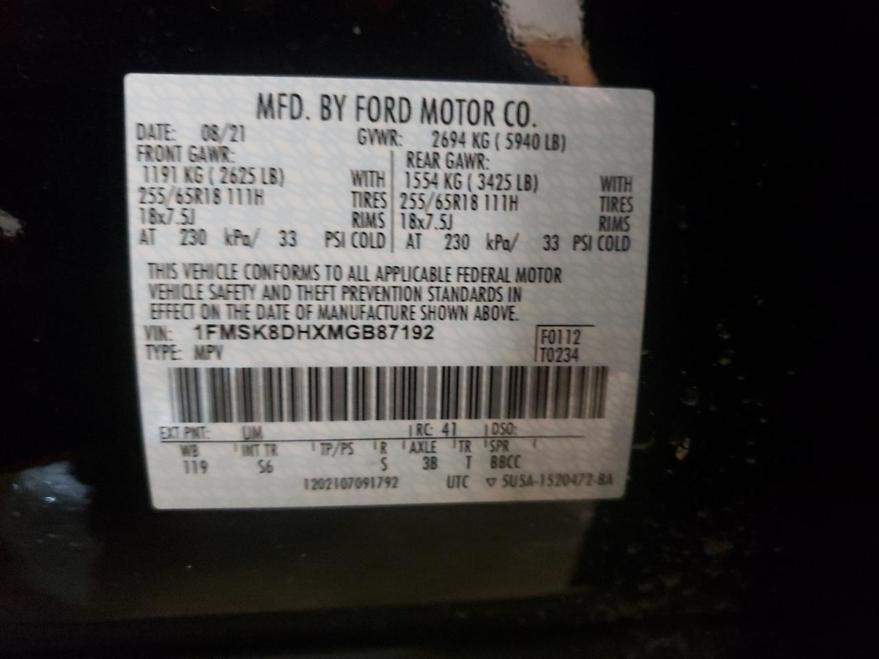 صورة رقم 10 من المزاد - 2021 FORD EXPLORER X مع VIN 1FMSK8DHXMGB87192