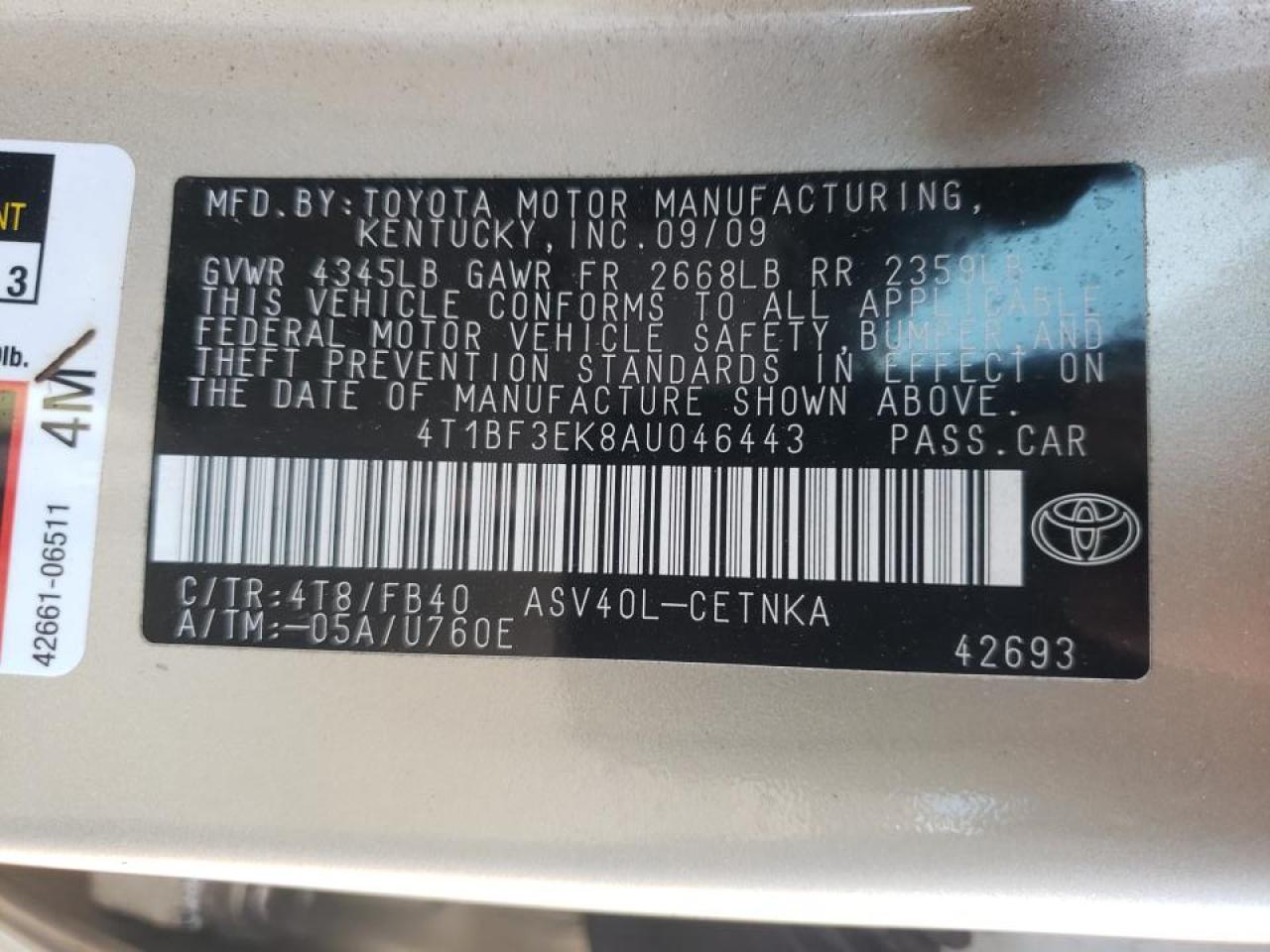 Photo 10 from auction – 2010 TOYOTA CAMRY BASE with VIN 4T1BF3EK8AU046443