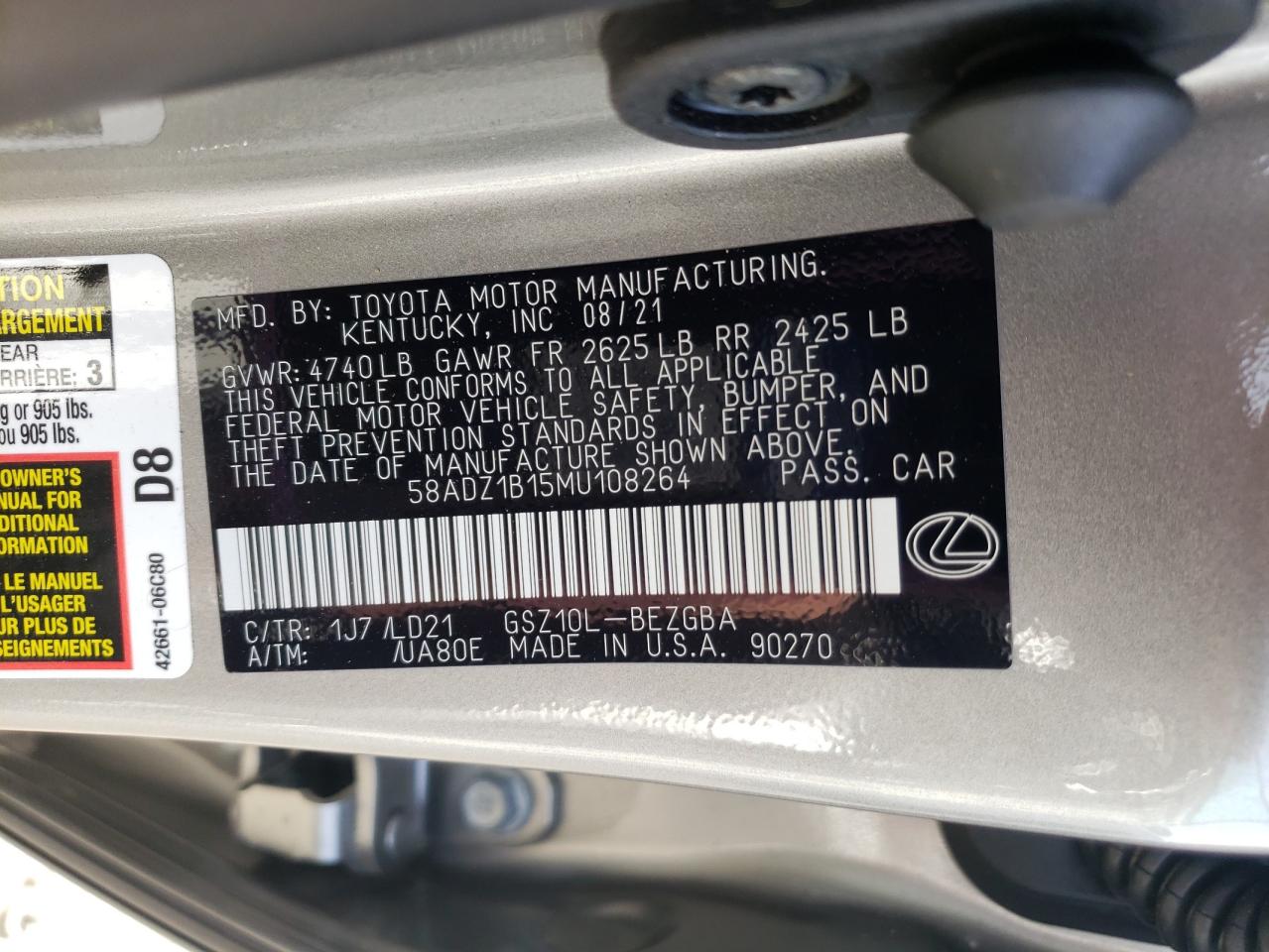 Photo 10 from auction – 2021 LEXUS ES 350 BAS with VIN 58ADZ1B15MU108264