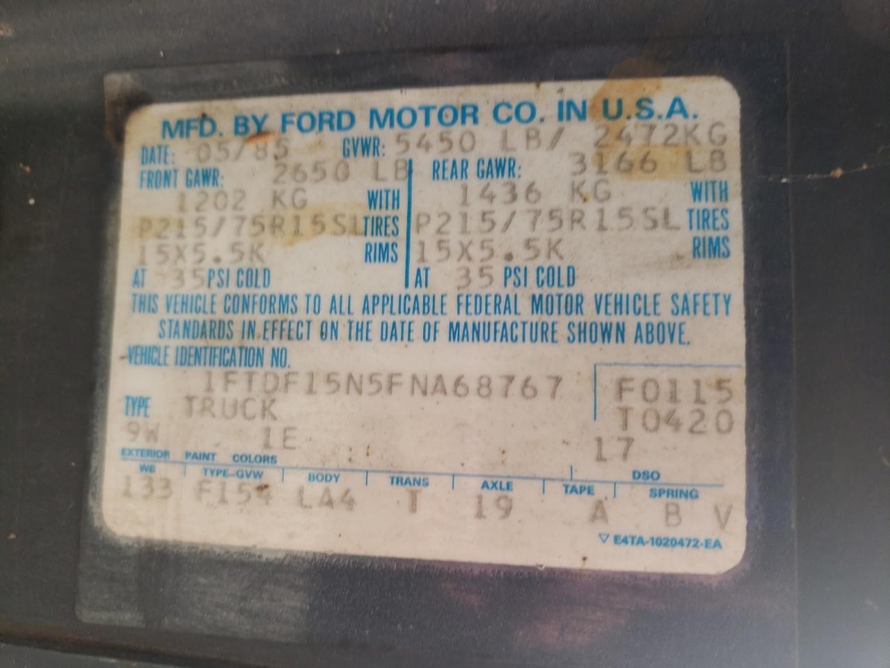Photo 10 from auction – 1985 FORD F150 with VIN 1FTDF15N5FNA68767