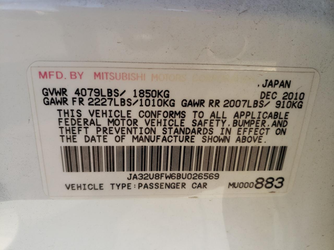 Photo 10 from auction – 2011 MITSUBISHI LANCER GTS with VIN JA32U8FW6BU026569