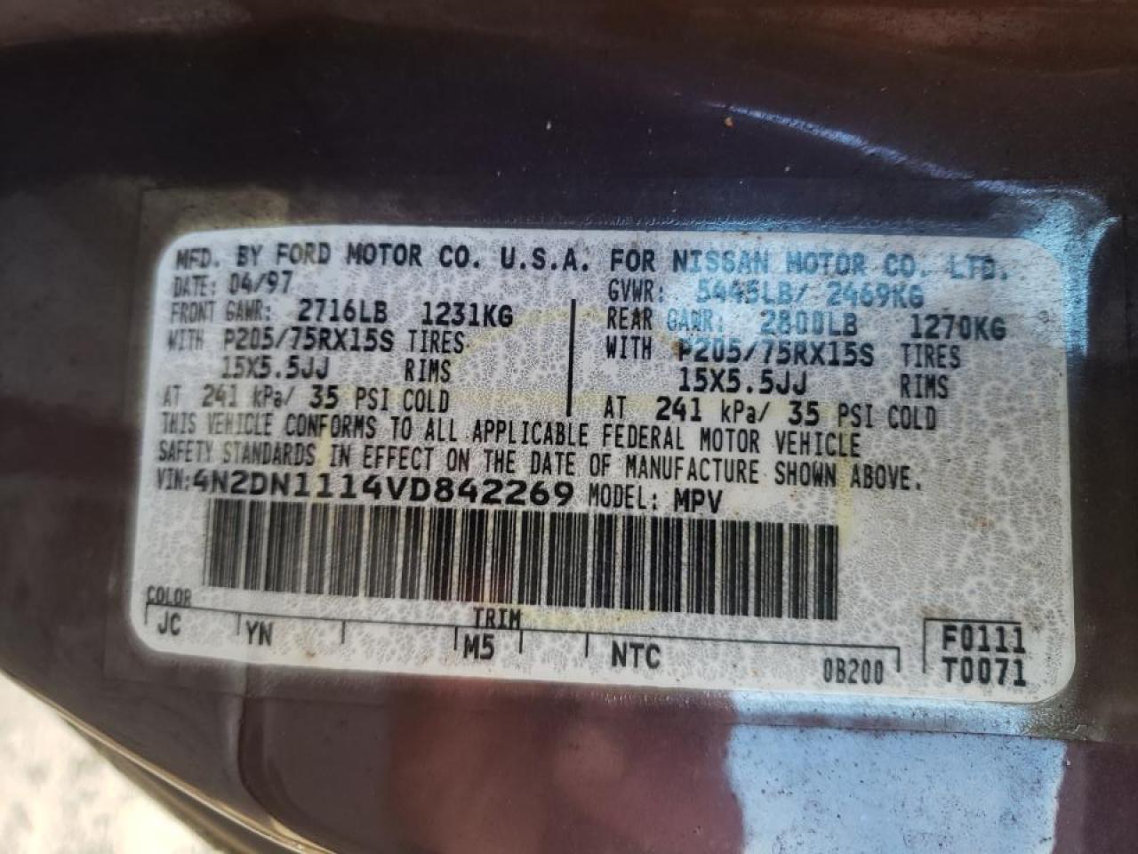 Photo 10 from auction – 1997 NISSAN QUEST XE with VIN 4N2DN1114VD842269