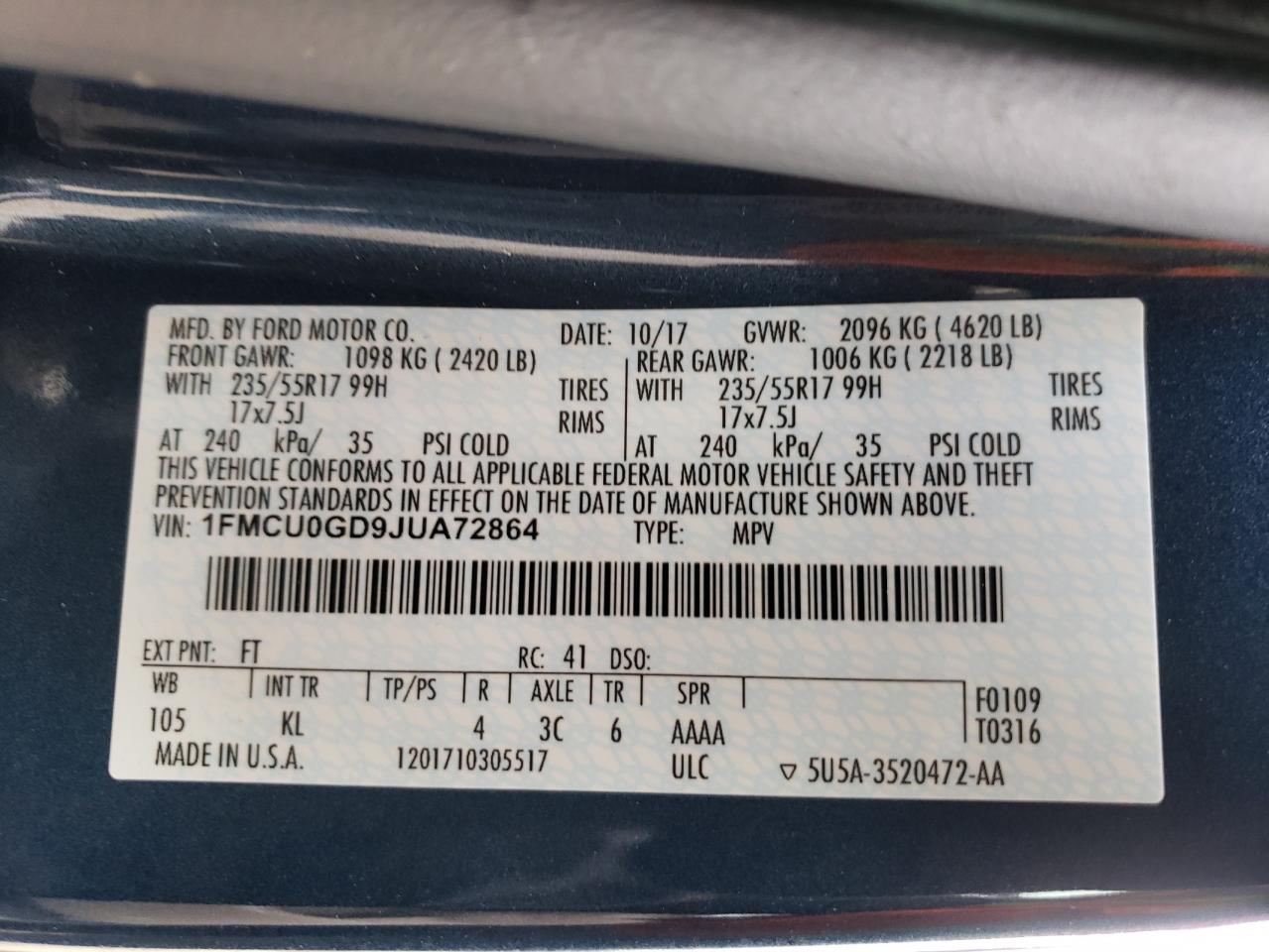 Photo 10 from auction – 2018 FORD ESCAPE with VIN 1FMCU0GD9JUA72864