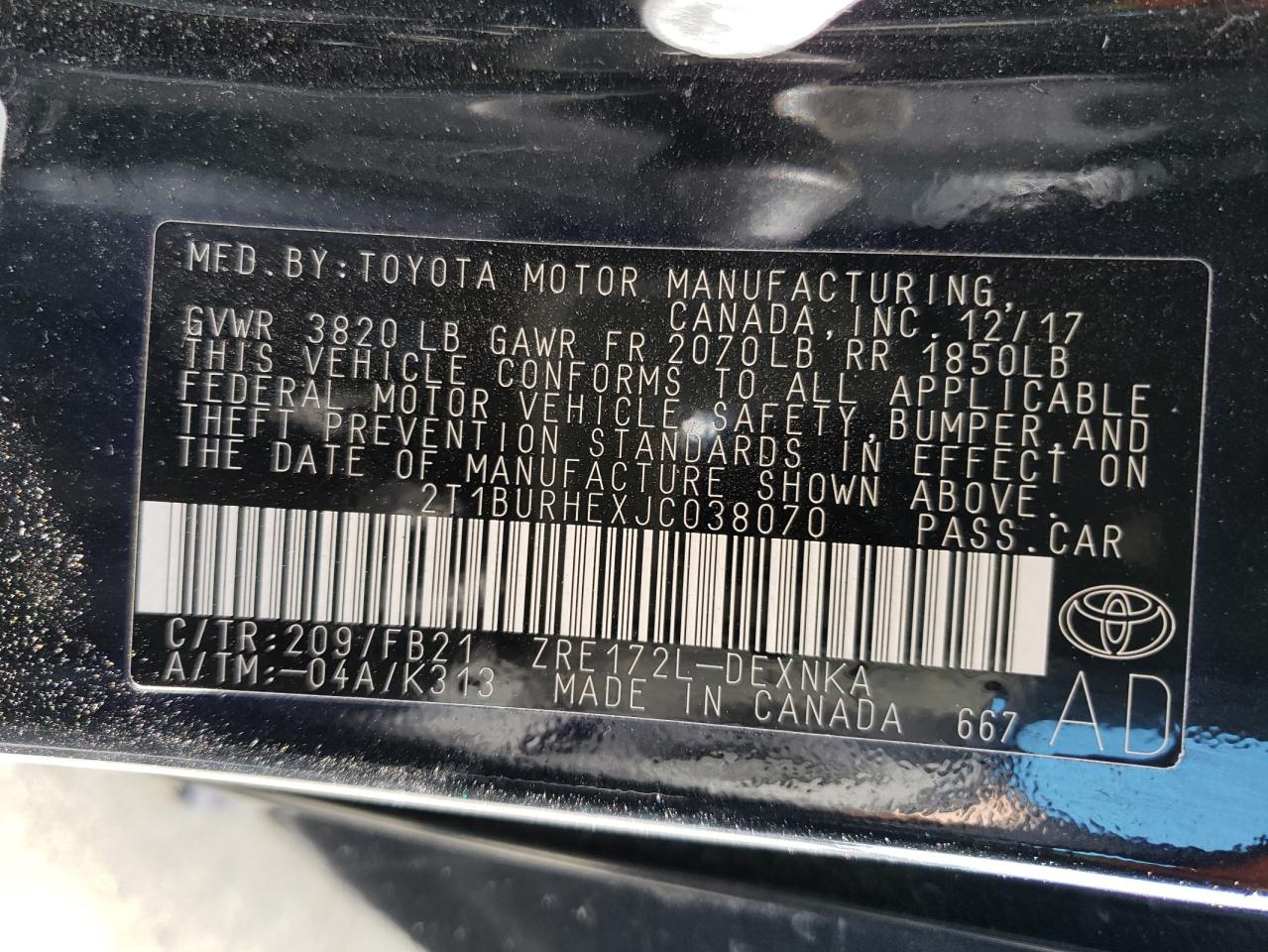 Photo 10 from auction – 2018 TOYOTA COROLLA with VIN 2T1BURHEXJC038070