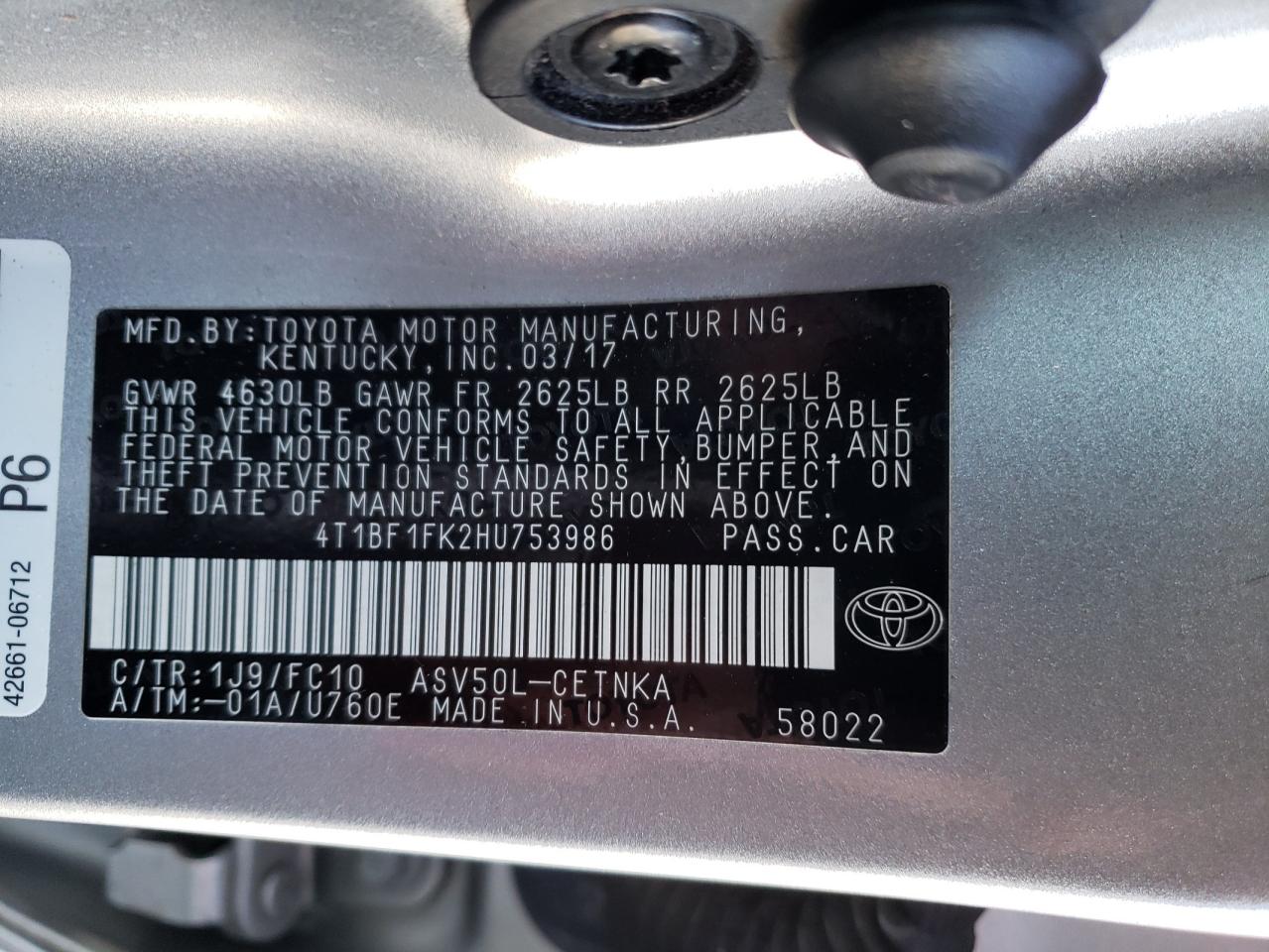 Photo 10 from auction – 2017 TOYOTA CAMRY LE with VIN 4T1BF1FK2HU753986