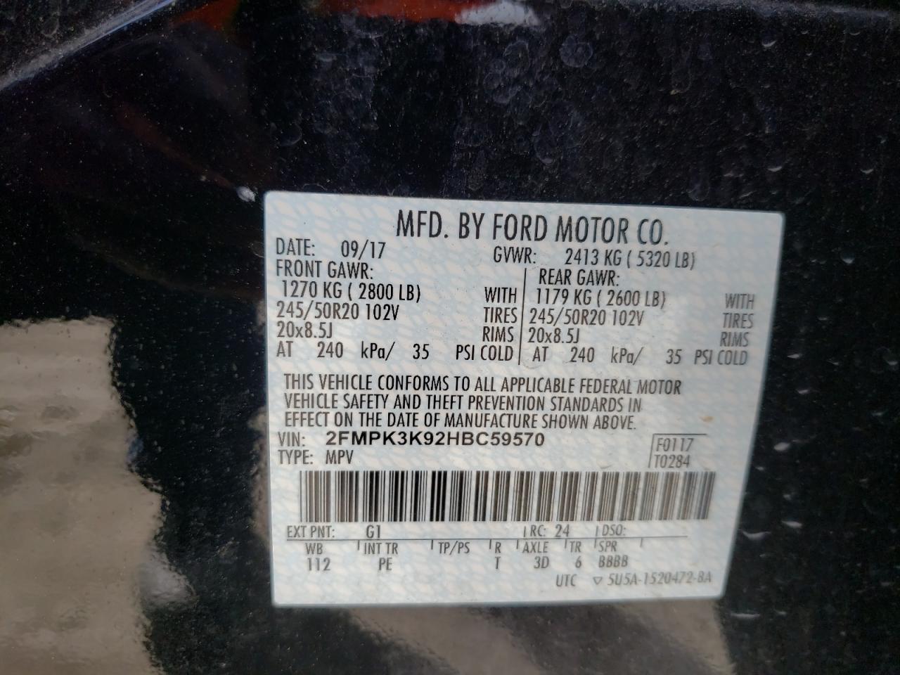 Photo 10 from auction – 2017 FORD EDGE TITAN with VIN 2FMPK3K92HBC59570