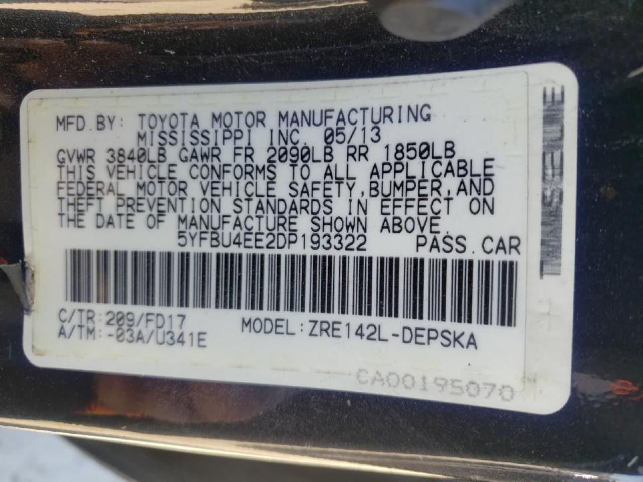 Photo 10 from auction – 2013 TOYOTA COROLLA BA with VIN 5YFBU4EE2DP193322