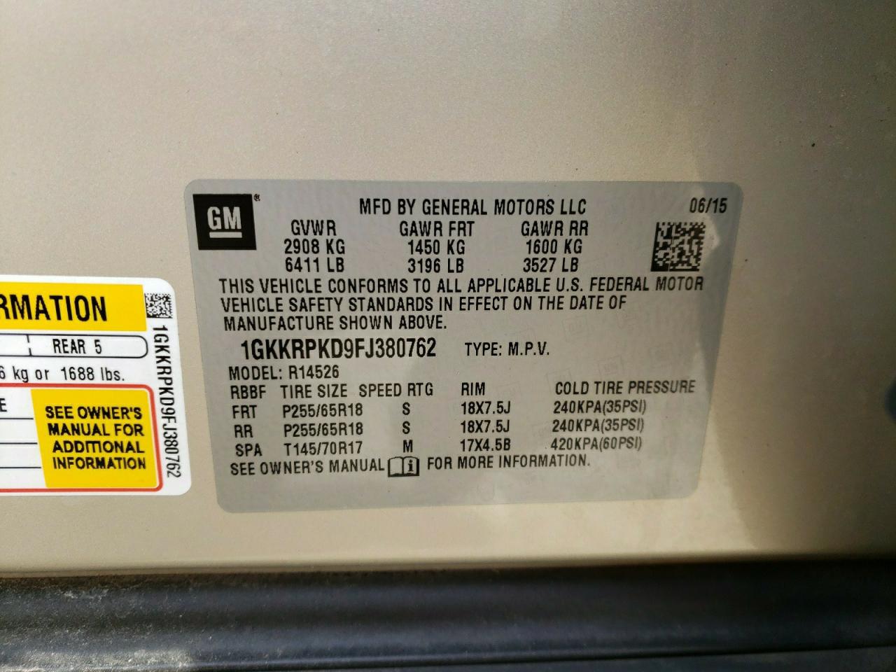 Photo 10 from auction – 2015 GMC ACADIA SLE with VIN 1GKKRPKD9FJ380762