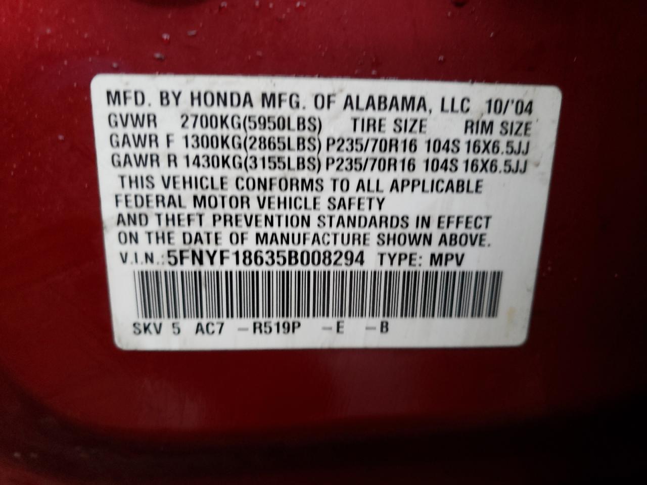 Photo 10 from auction – 2005 HONDA PILOT EXL with VIN 5FNYF18635B008294