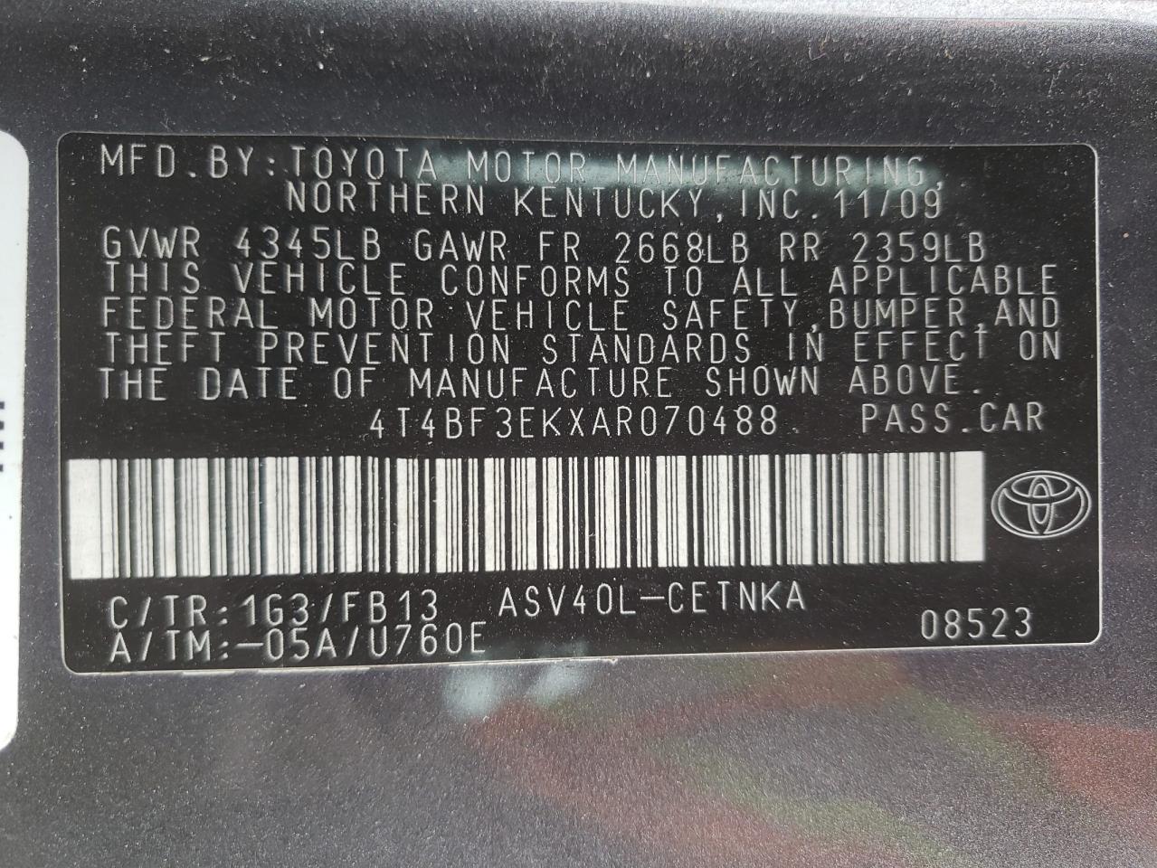 Photo 10 from auction – 2010 TOYOTA CAMRY BASE with VIN 4T4BF3EKXAR070488