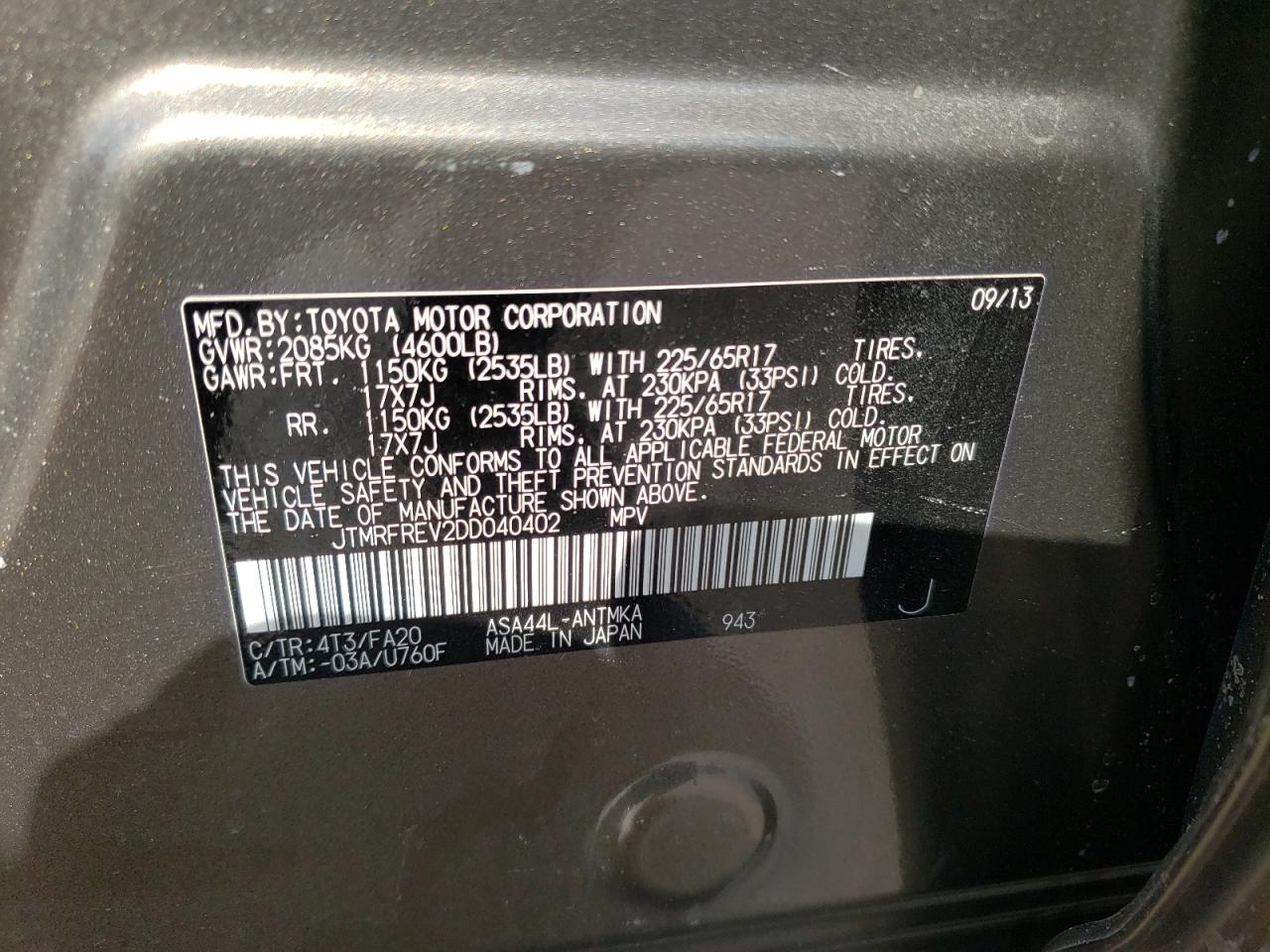Photo 10 from auction – 2013 TOYOTA RAV4 XLE with VIN JTMRFREV2DD040402