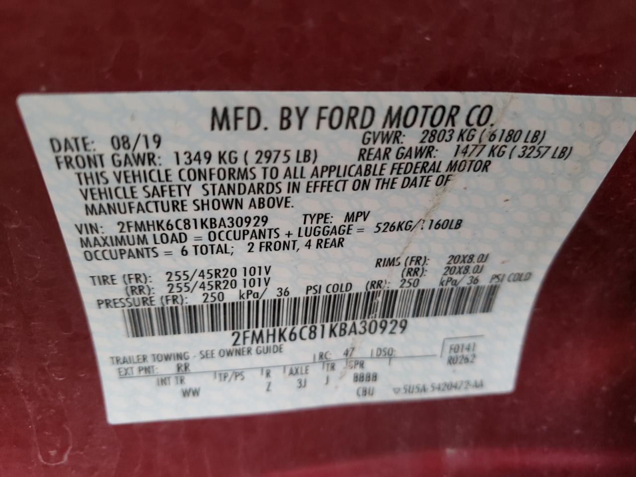 Photo 10 from auction – 2019 FORD FLEX SEL with VIN 2FMHK6C81KBA30929