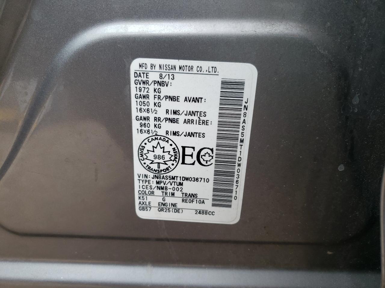 Photo 10 from auction – 2013 NISSAN ROGUE S with VIN JN8AS5MT1DW036710