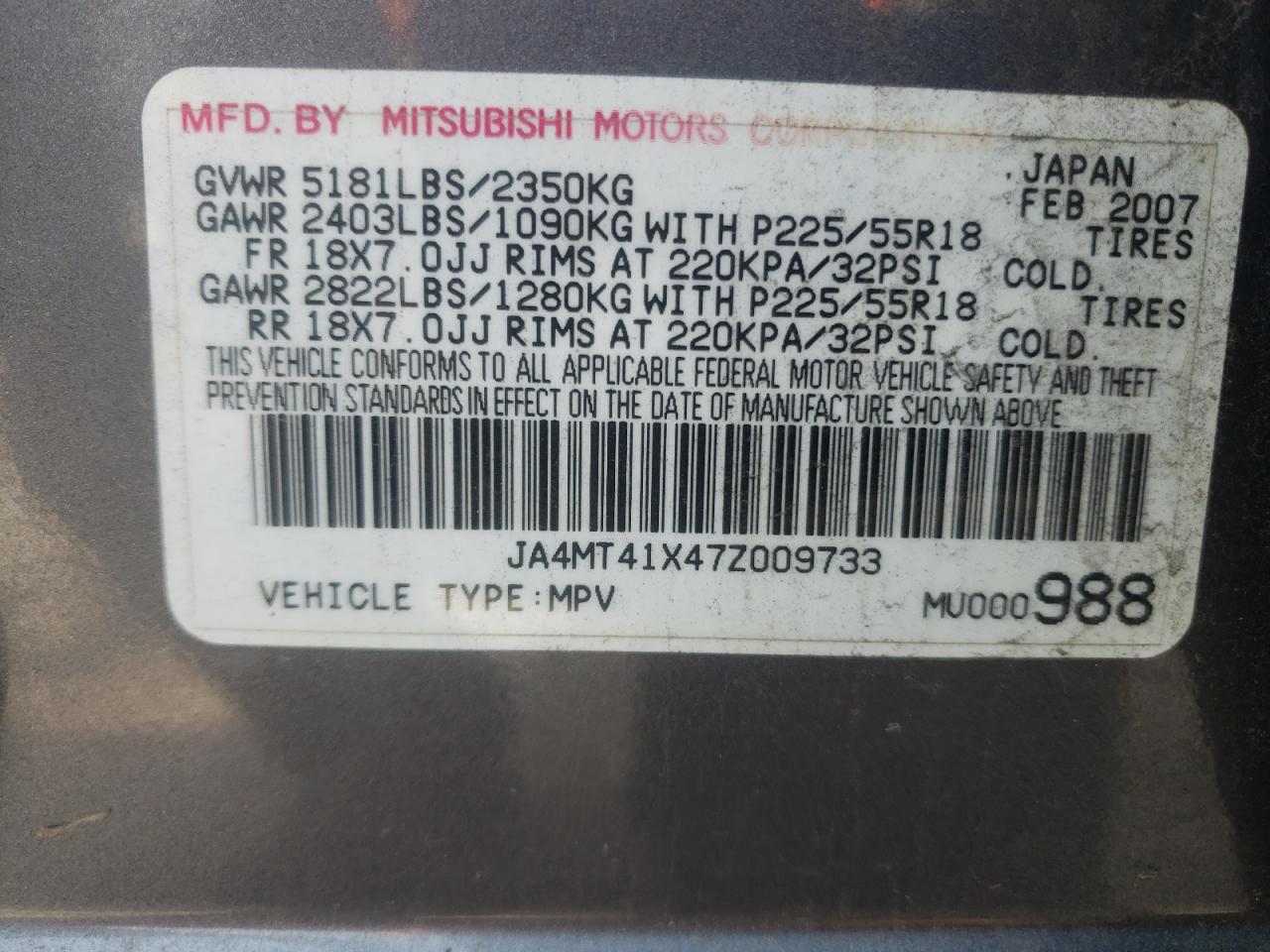 Zdjęcie 10 z aukcji – 2007 MITSUBISHI OUTLANDER z VIN JA4MT41X47Z009733