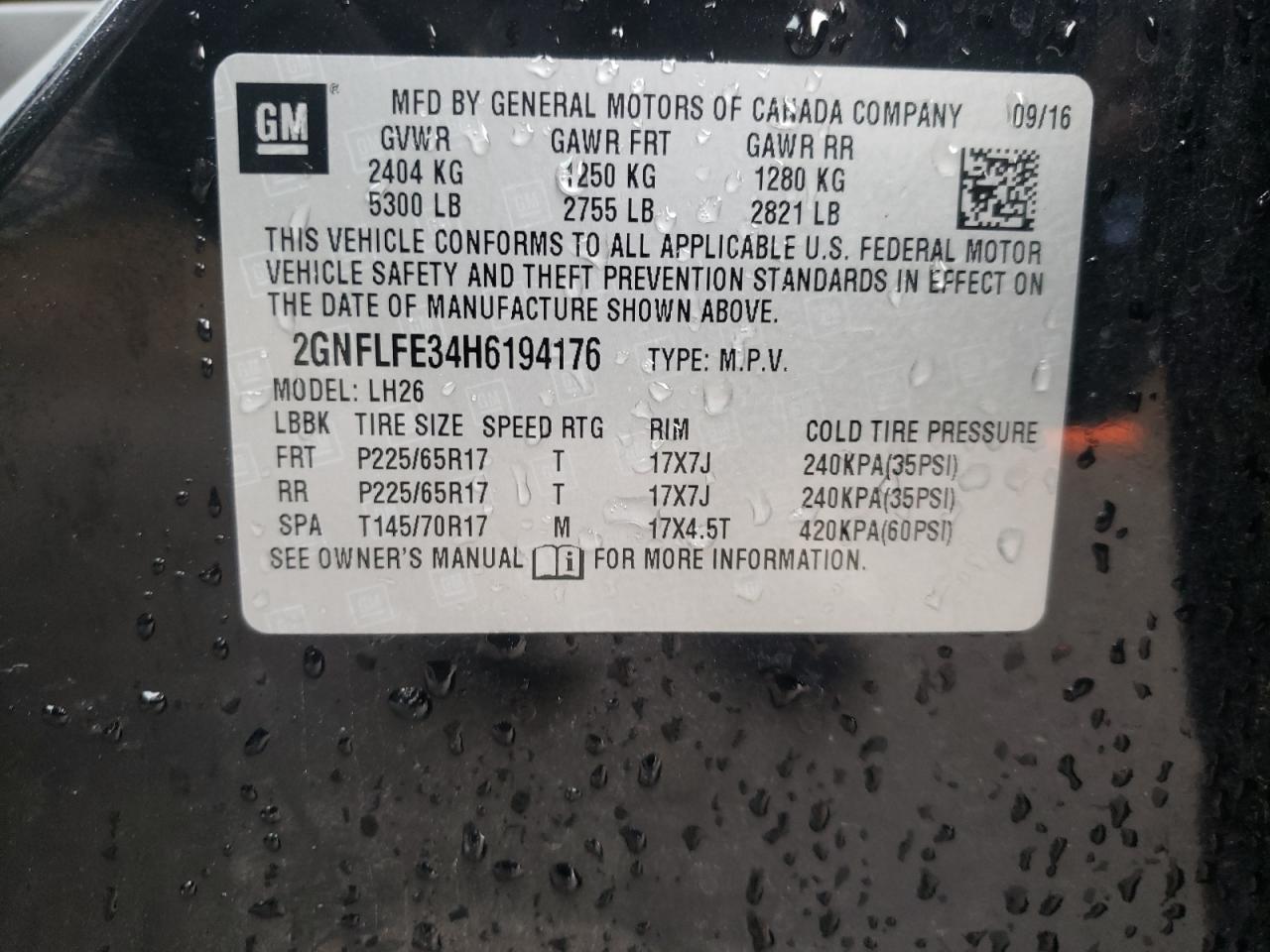 Photo 10 from auction – 2017 CHEVROLET EQUINOX LT with VIN 2GNFLFE34H6194176