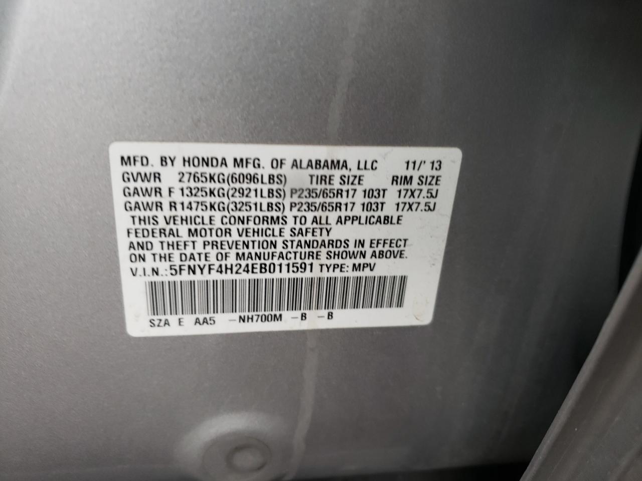 Photo 10 from auction – 2014 HONDA PILOT LX with VIN 5FNYF4H24EB011591