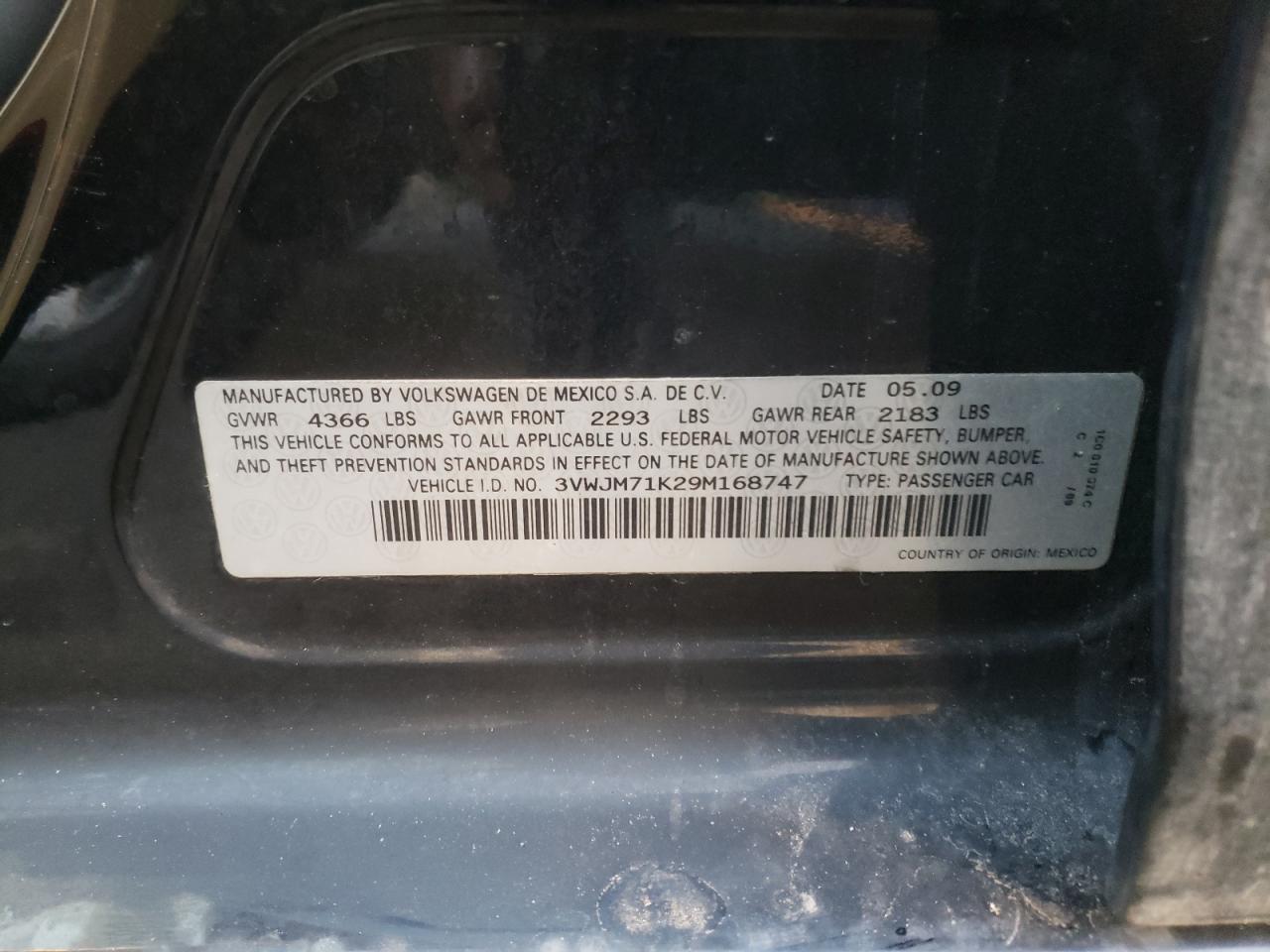 Photo 10 from auction – 2009 VOLKSWAGEN JETTA S with VIN 3VWJM71K29M168747