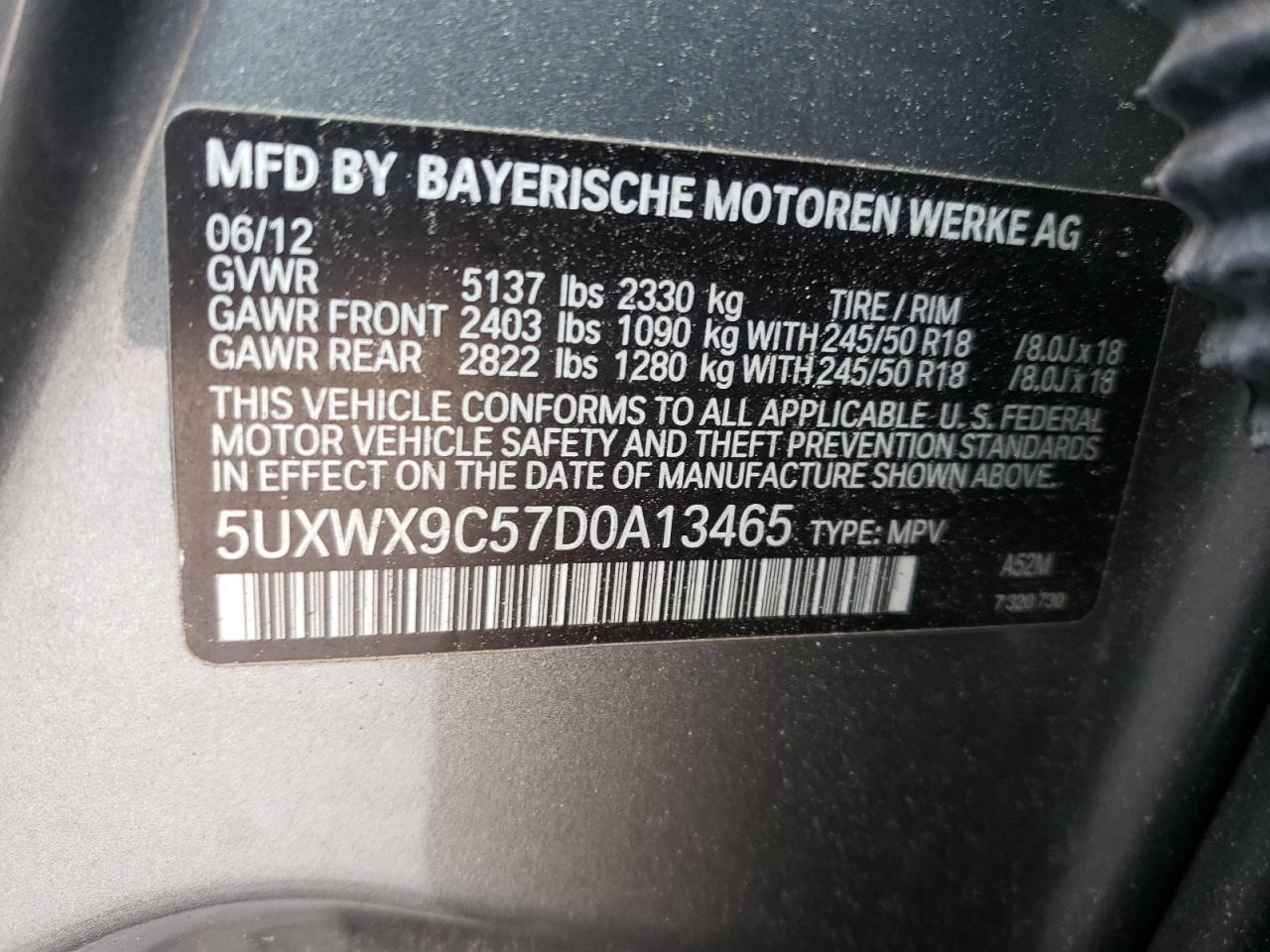 Photo 10 from auction – 2013 BMW X3 XDRIVE2 with VIN 5UXWX9C57D0A13465