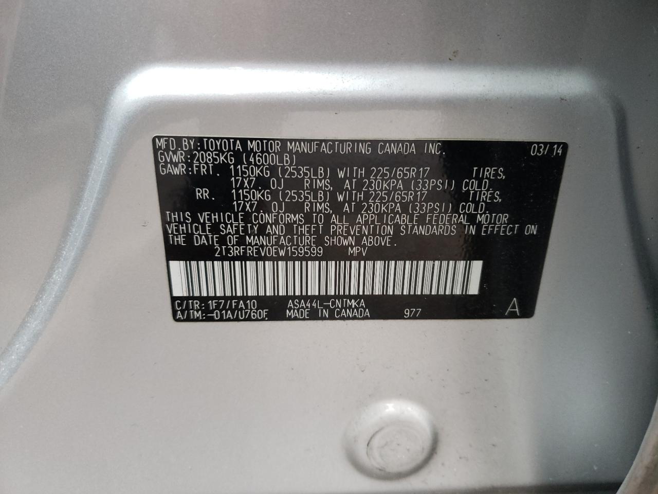 Photo 10 from auction – 2014 TOYOTA RAV4 XLE with VIN 2T3RFREV0EW159599