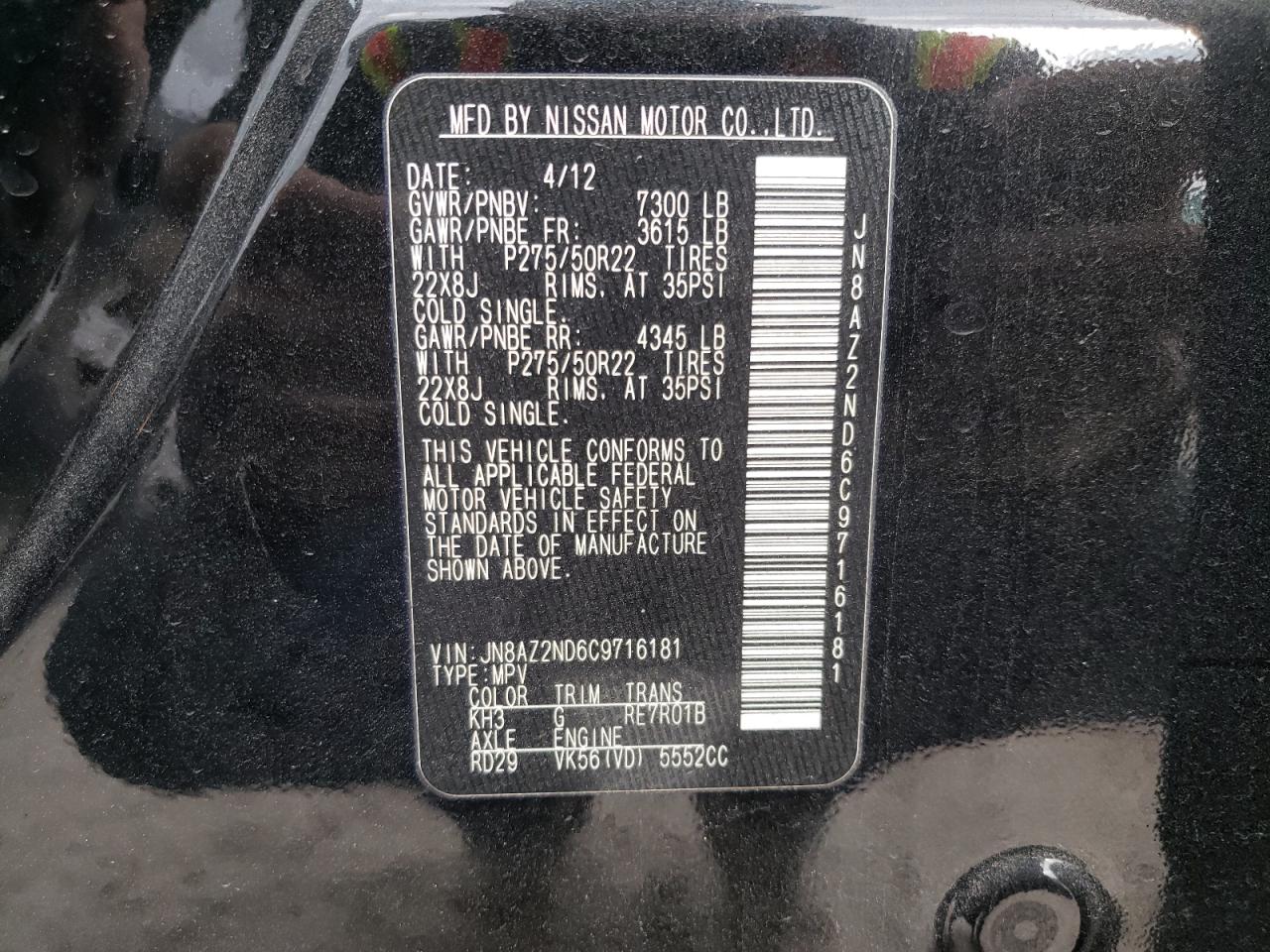 Photo 10 from auction – 2012 INFINITI QX56 with VIN JN8AZ2ND6C9716181