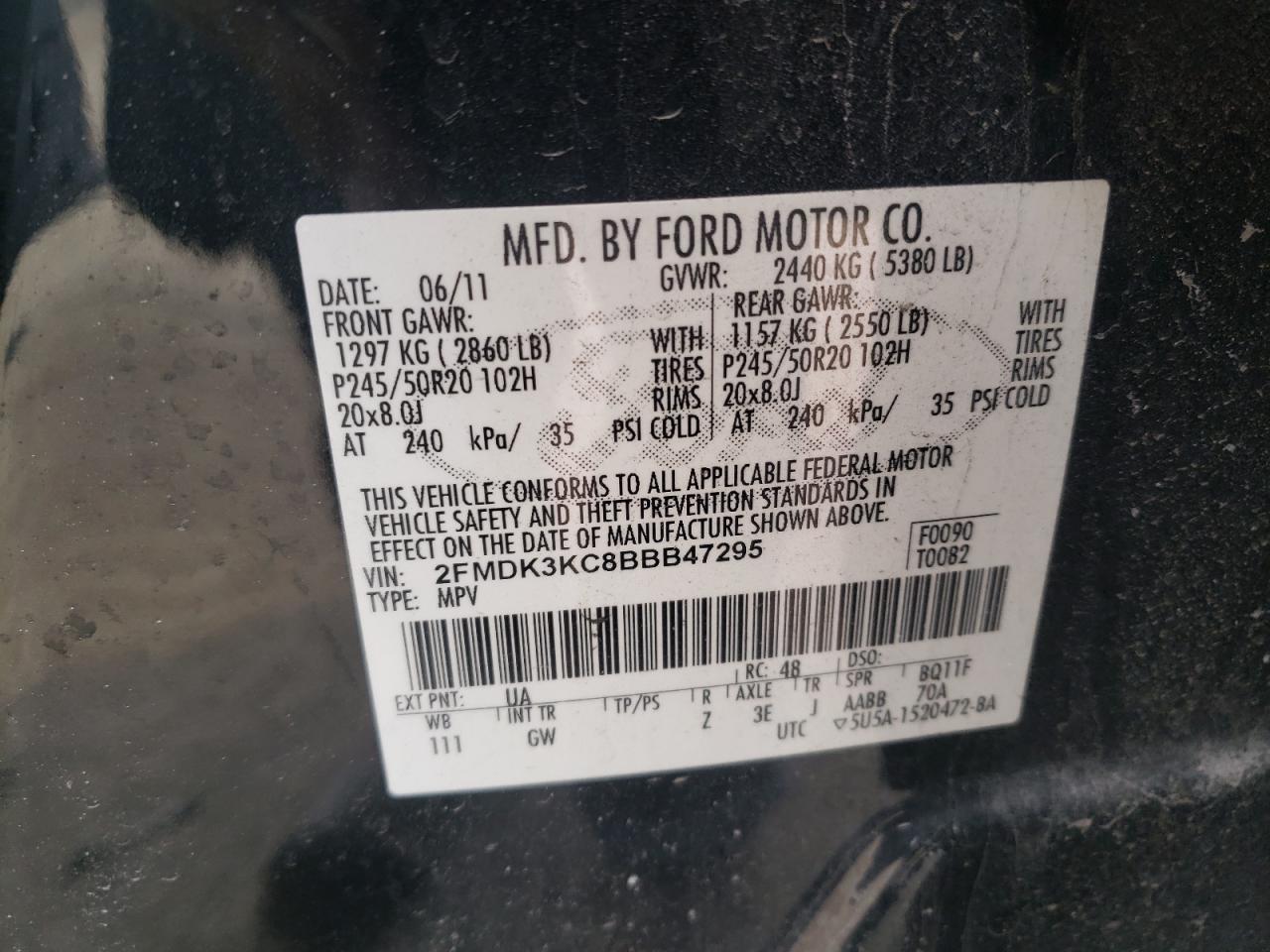 Photo 10 from auction – 2011 FORD EDGE LIMIT with VIN 2FMDK3KC8BBB47295