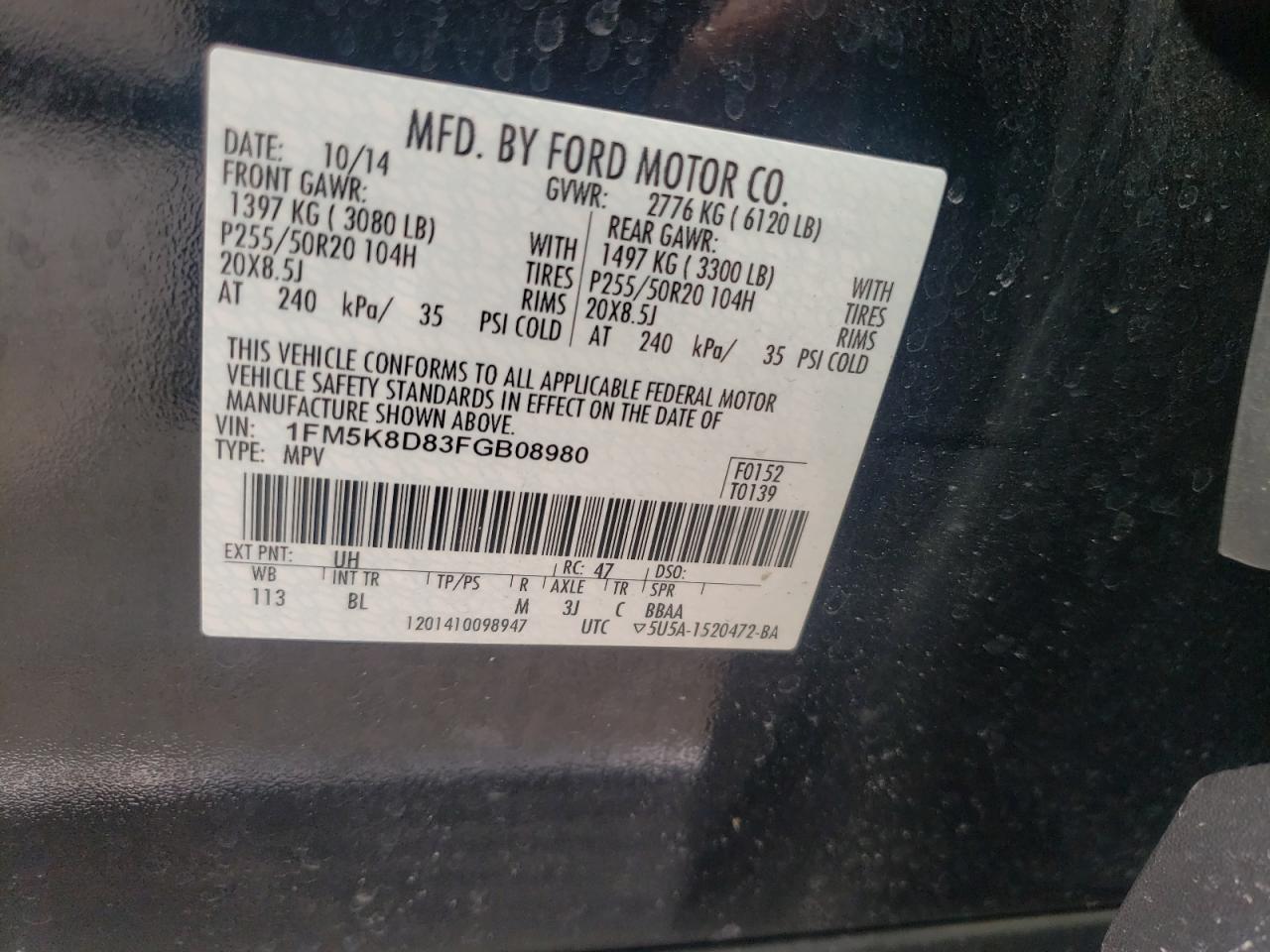 Photo 10 from auction – 2015 FORD EXPLORER X with VIN 1FM5K8D83FGB08980