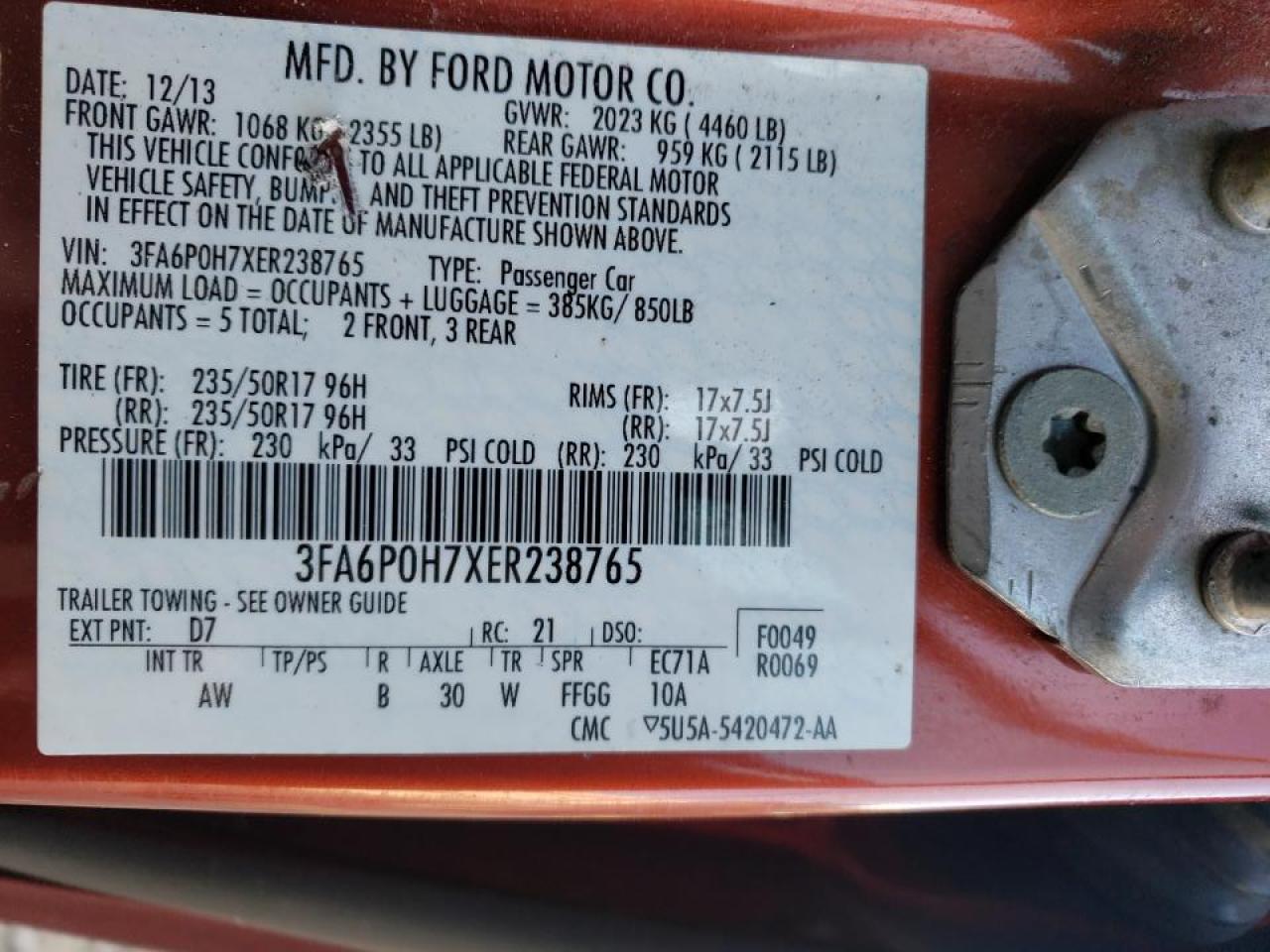 Photo 10 from auction – 2014 FORD FUSION SE with VIN 3FA6P0H7XER238765