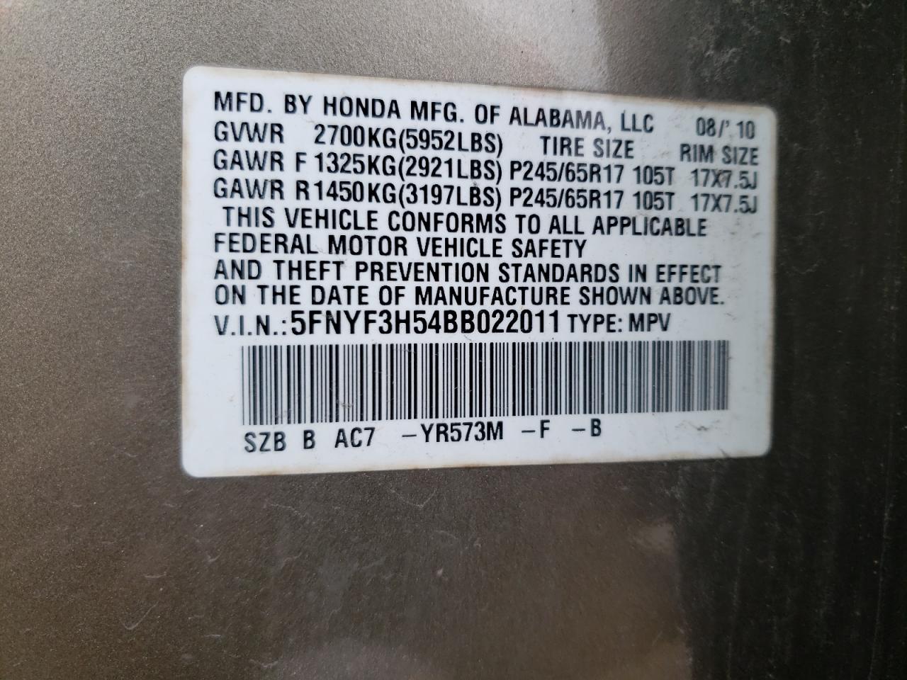 Photo 10 from auction – 2011 HONDA PILOT EXL with VIN 5FNYF3H54BB022011