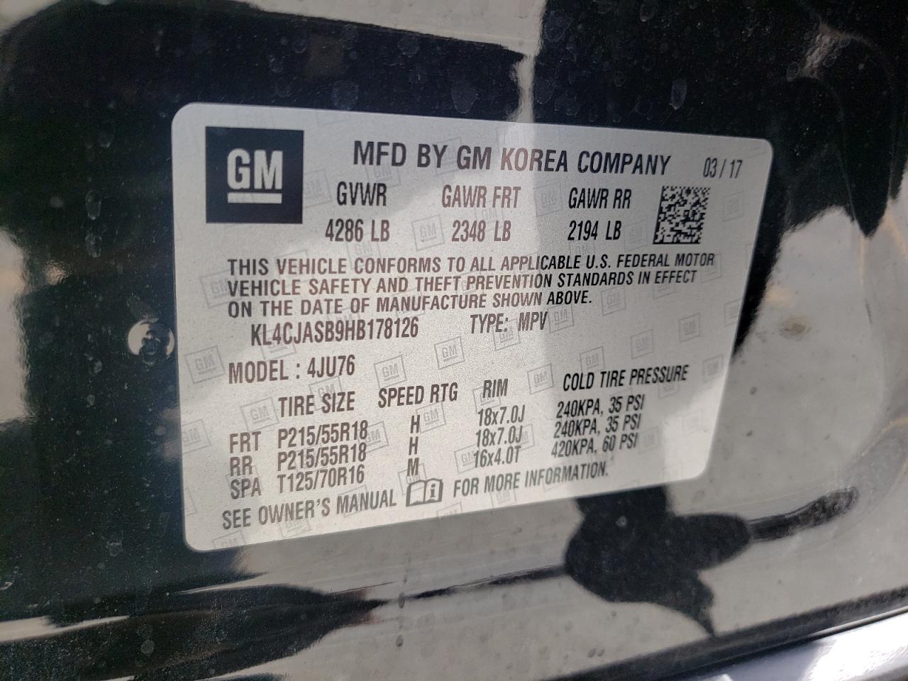 Photo 10 from auction – 2017 BUICK ENCORE PRE with VIN KL4CJASB9HB178126