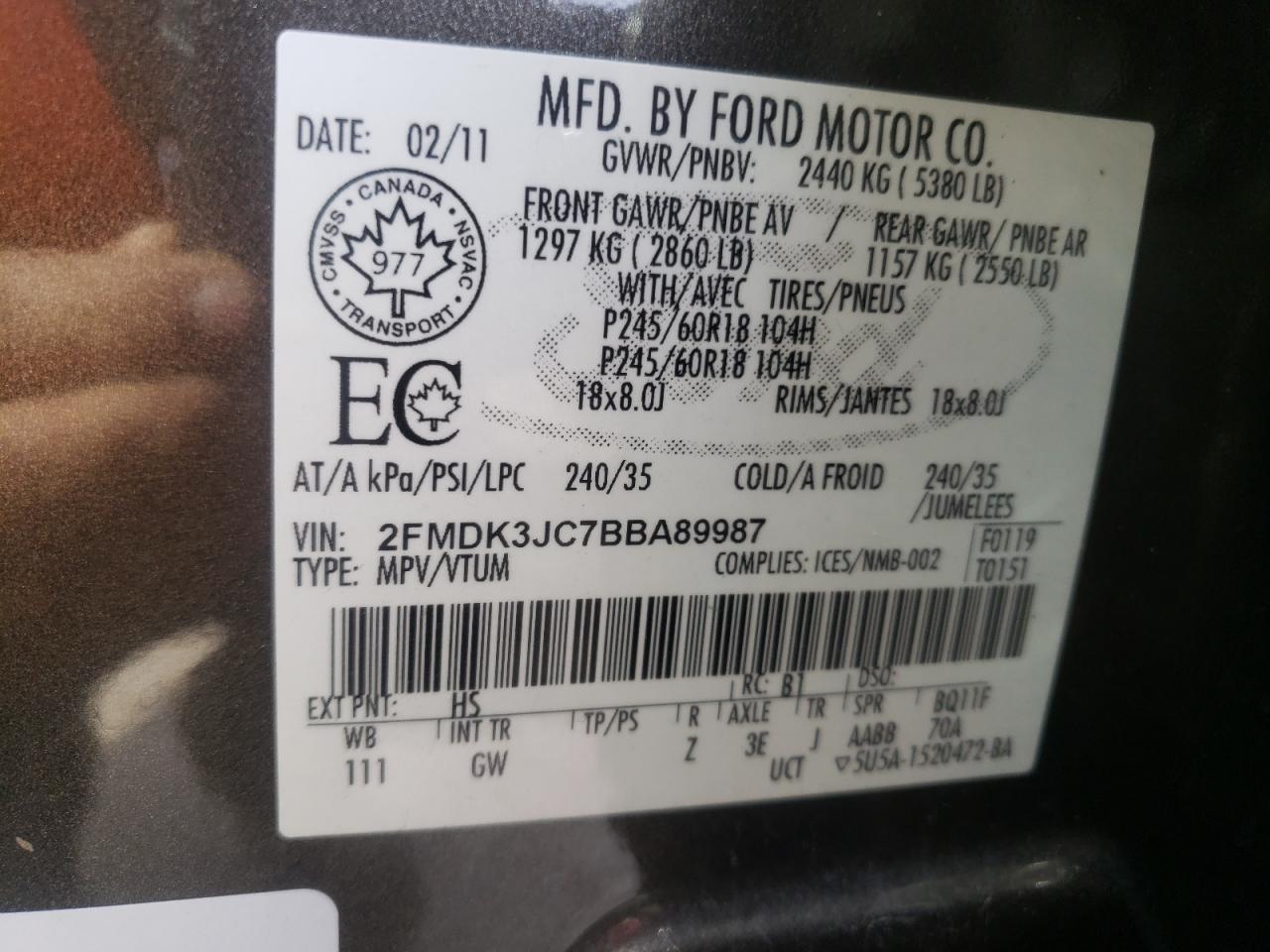 Photo 10 from auction – 2011 FORD EDGE SEL with VIN 2FMDK3JC7BBA89987